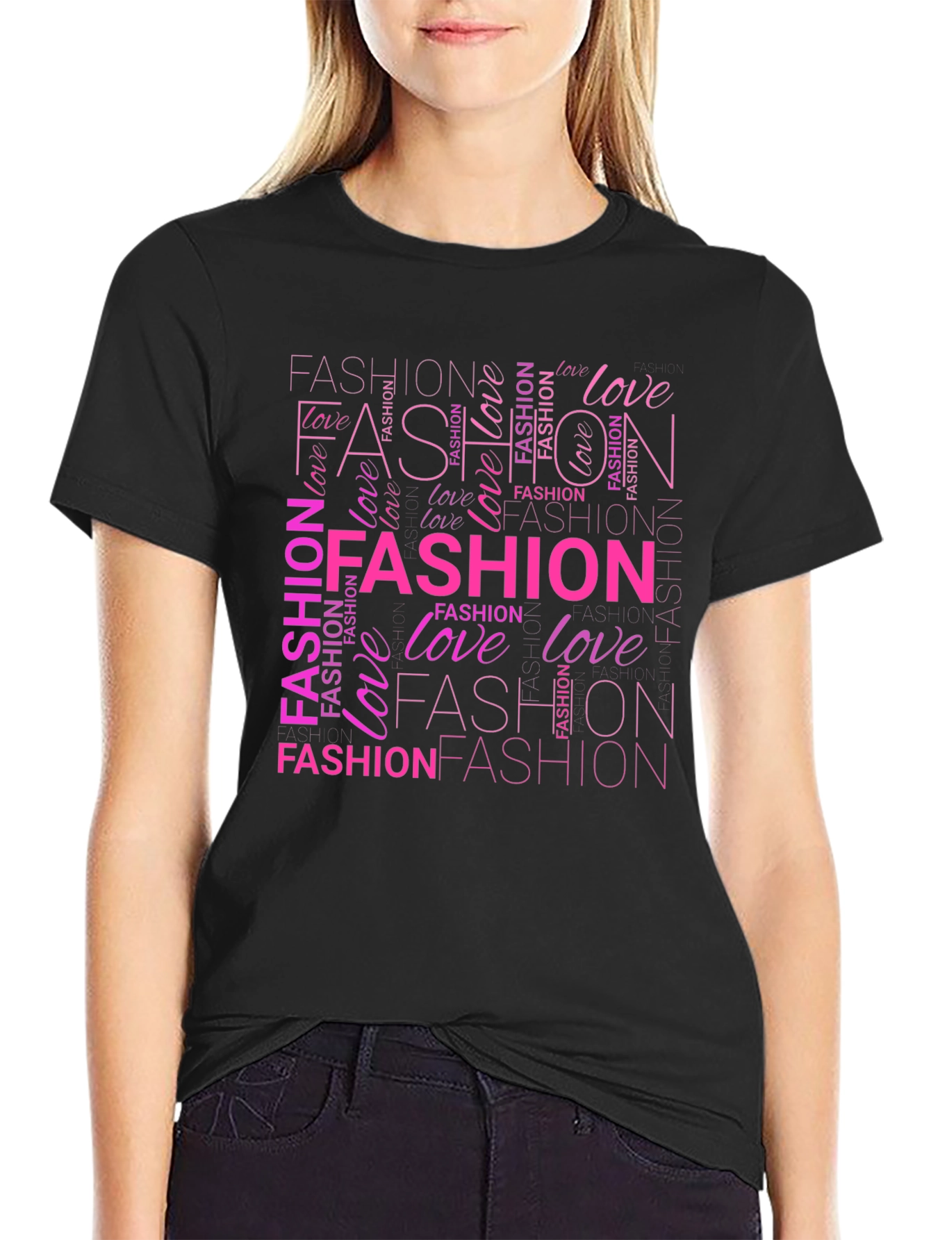 Fashion & Love Pink Word Art Print Black T-Shirt - 2