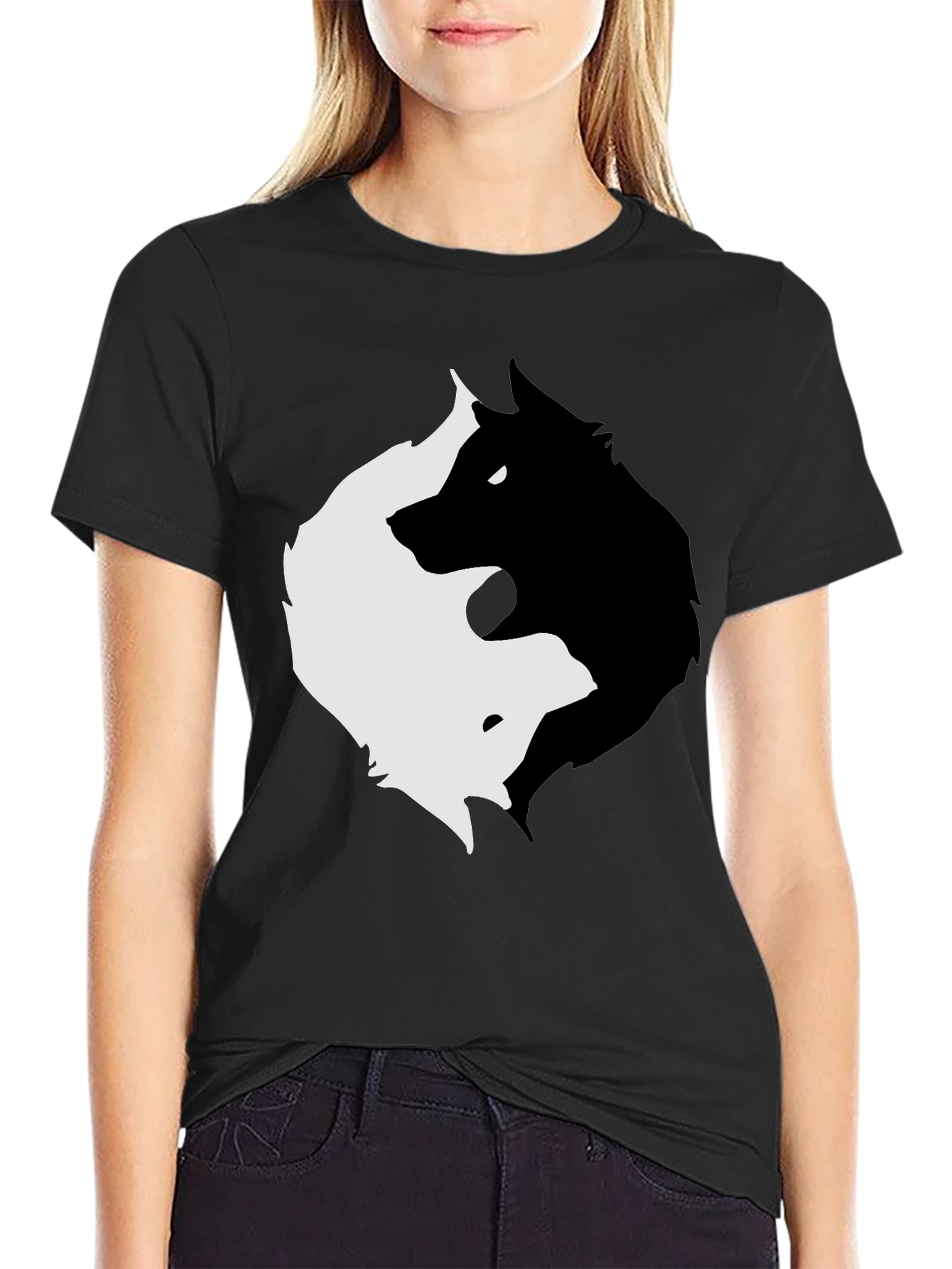 Black Yin Yang Wolves Graphic Tee - Black view 2