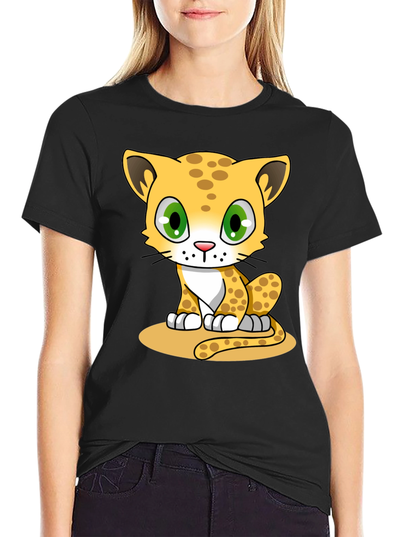 Black Cute Cartoon Leopard Black T-Shirt view 2