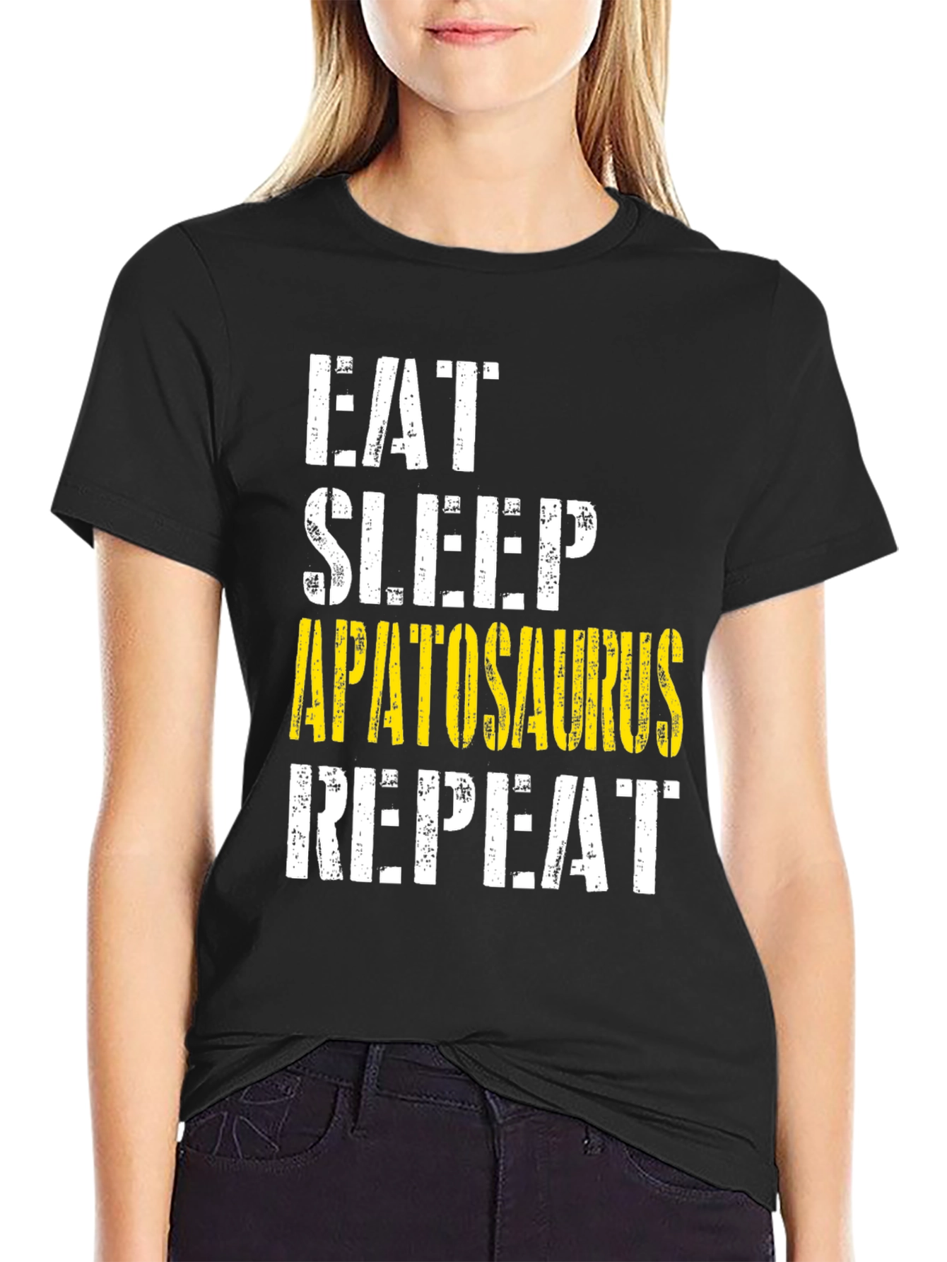 Black Eat Sleep Apatosaurus Repeat Graphic Tee view 2