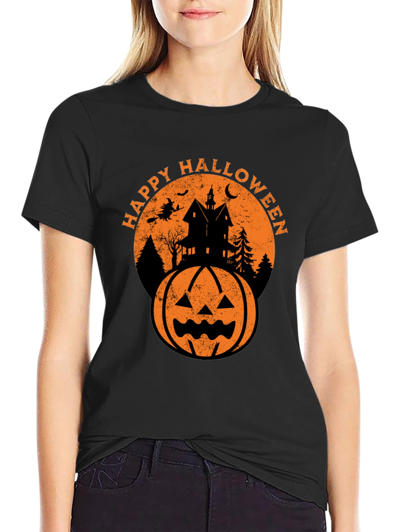 Black Happy Halloween Graphic Tee - Spooky Season Shirt view 2