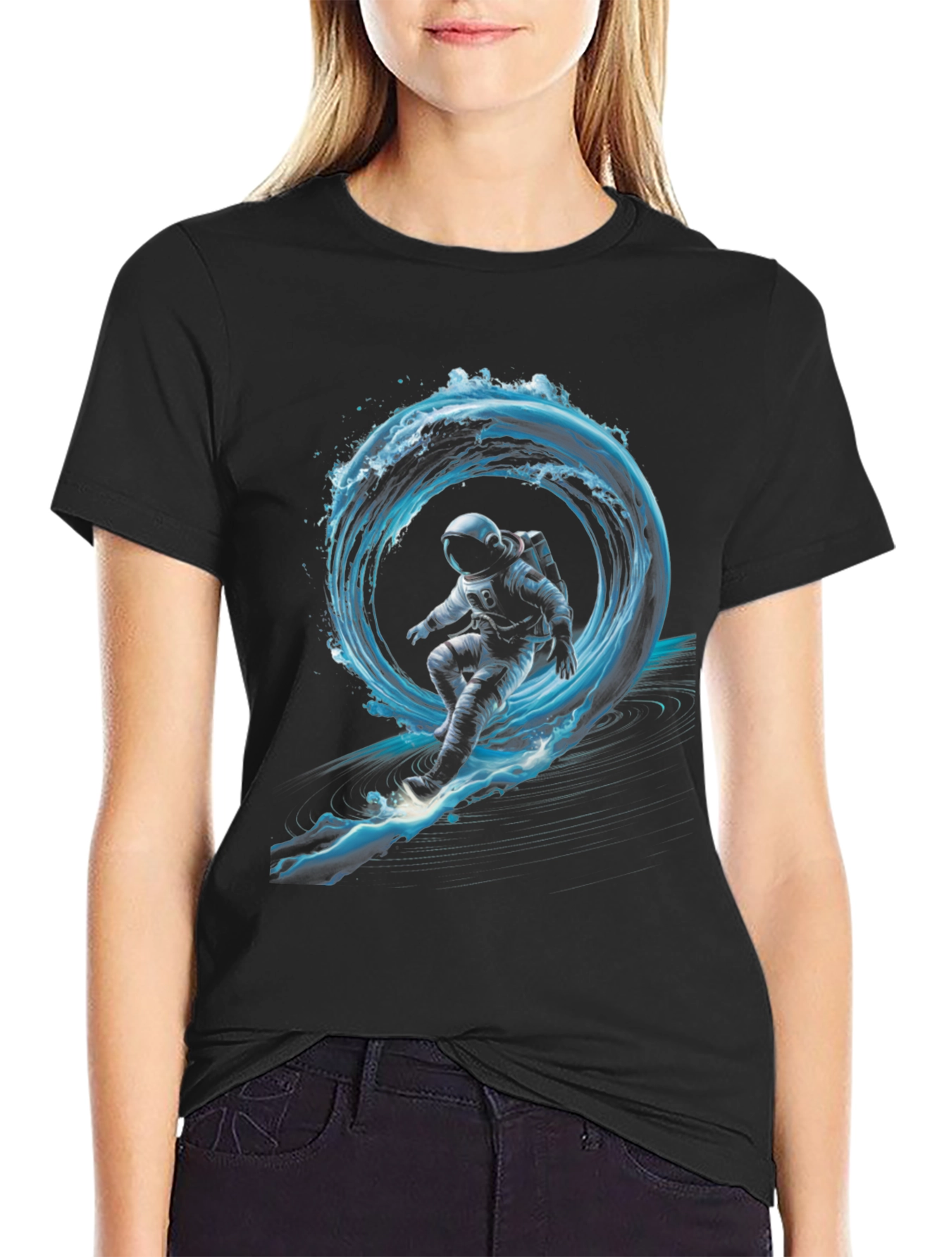 Black Astronaut Surfing Waves Black T-Shirt view 2