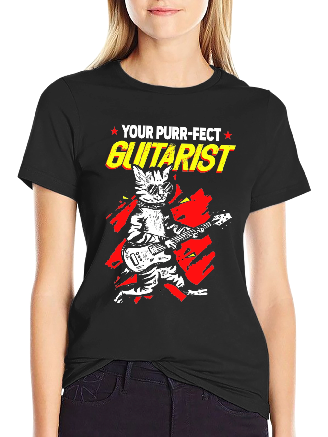 Black Purr-fect Guitarist Black Graphic Tee view 2