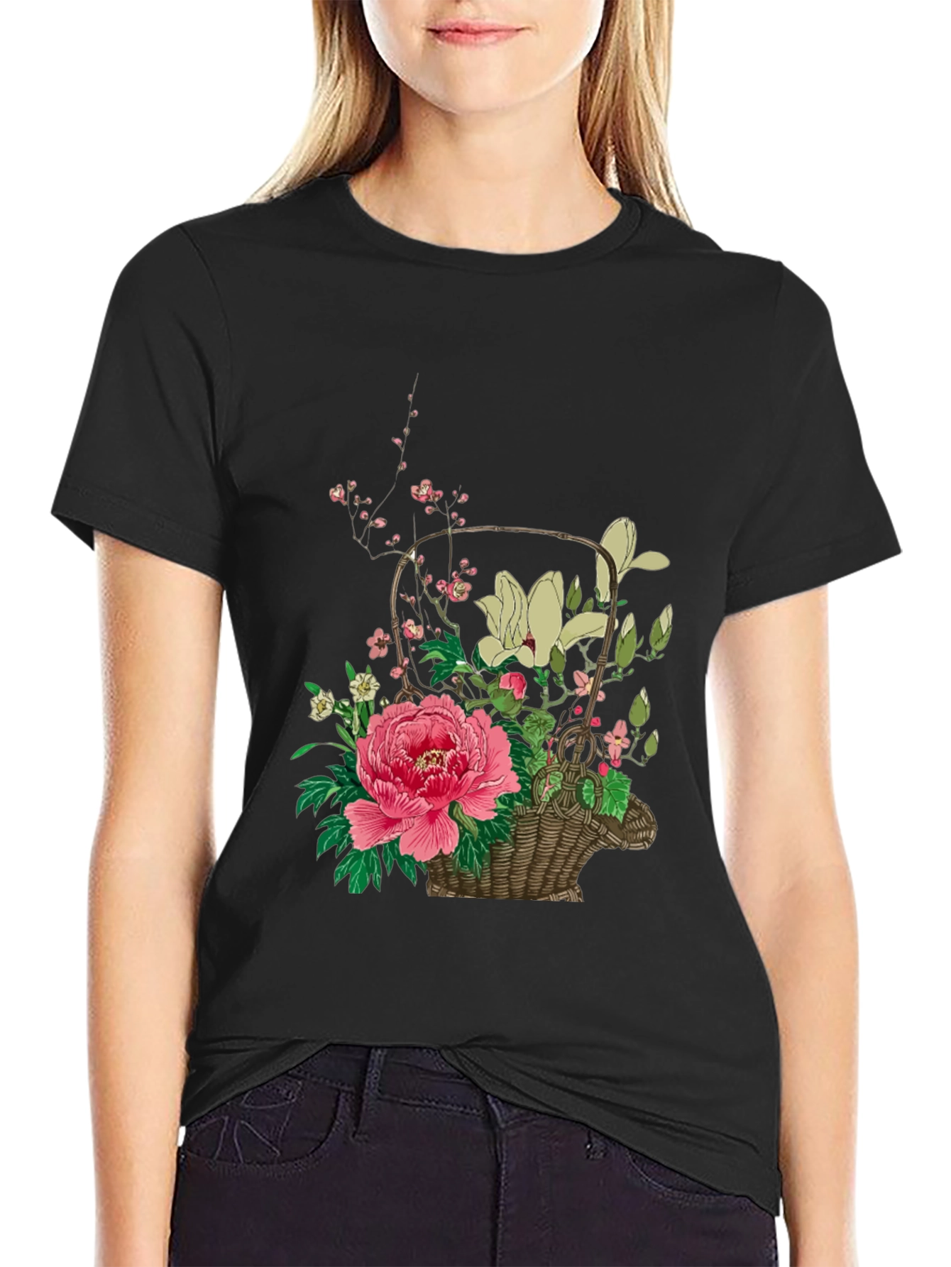 Black Floral Basket Graphic Tee - Stylish & Unique Design view 2
