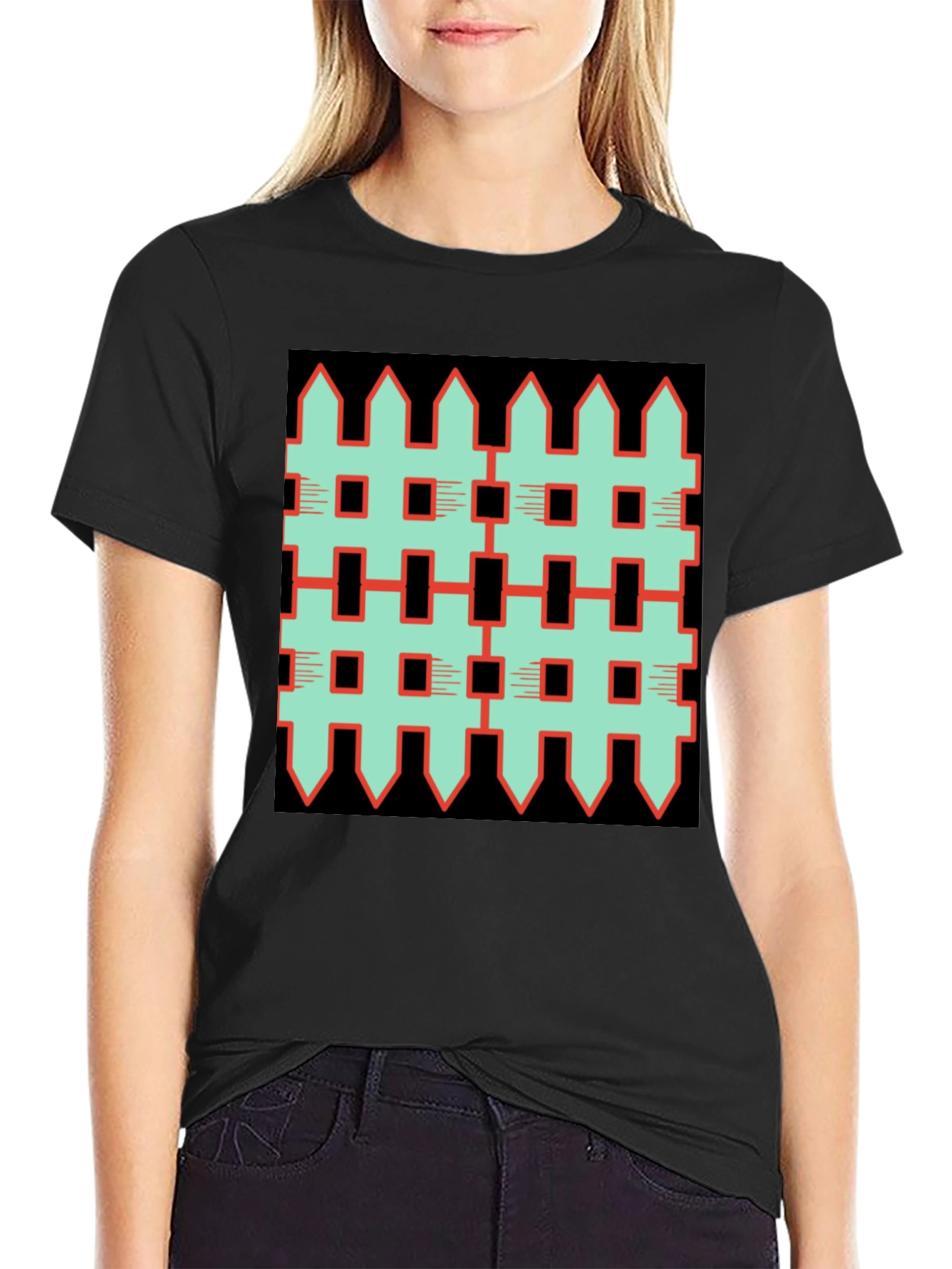 Black Unique Fence Pattern Graphic Tee - Black view 2