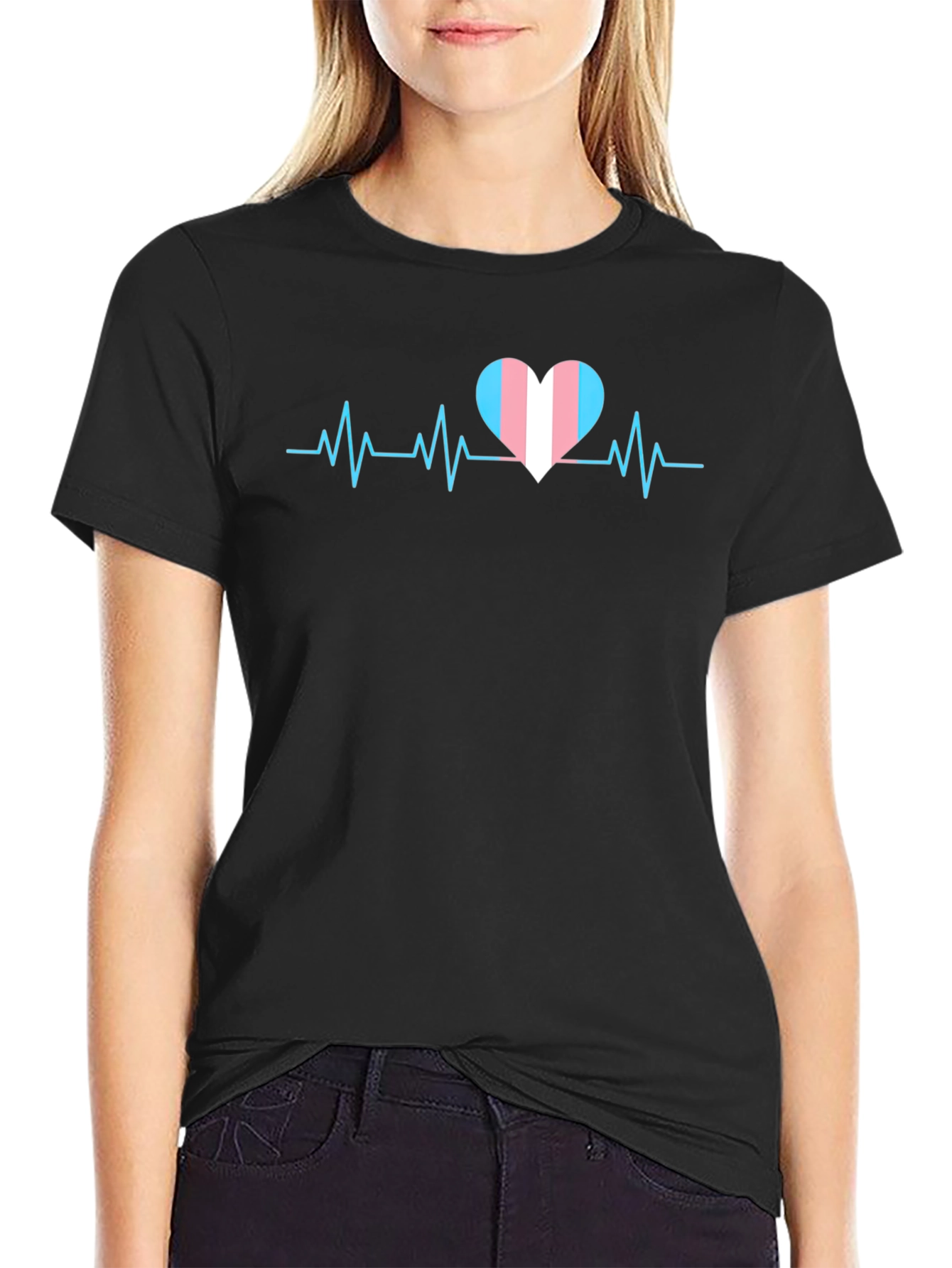 Black Transgender Pride Heartbeat T-Shirt - Black view 2