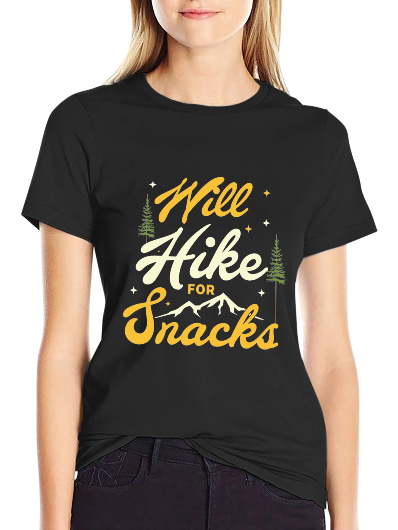 Black Hiker Tee: Will Hike For Snacks Graphic T-Shirt view 2