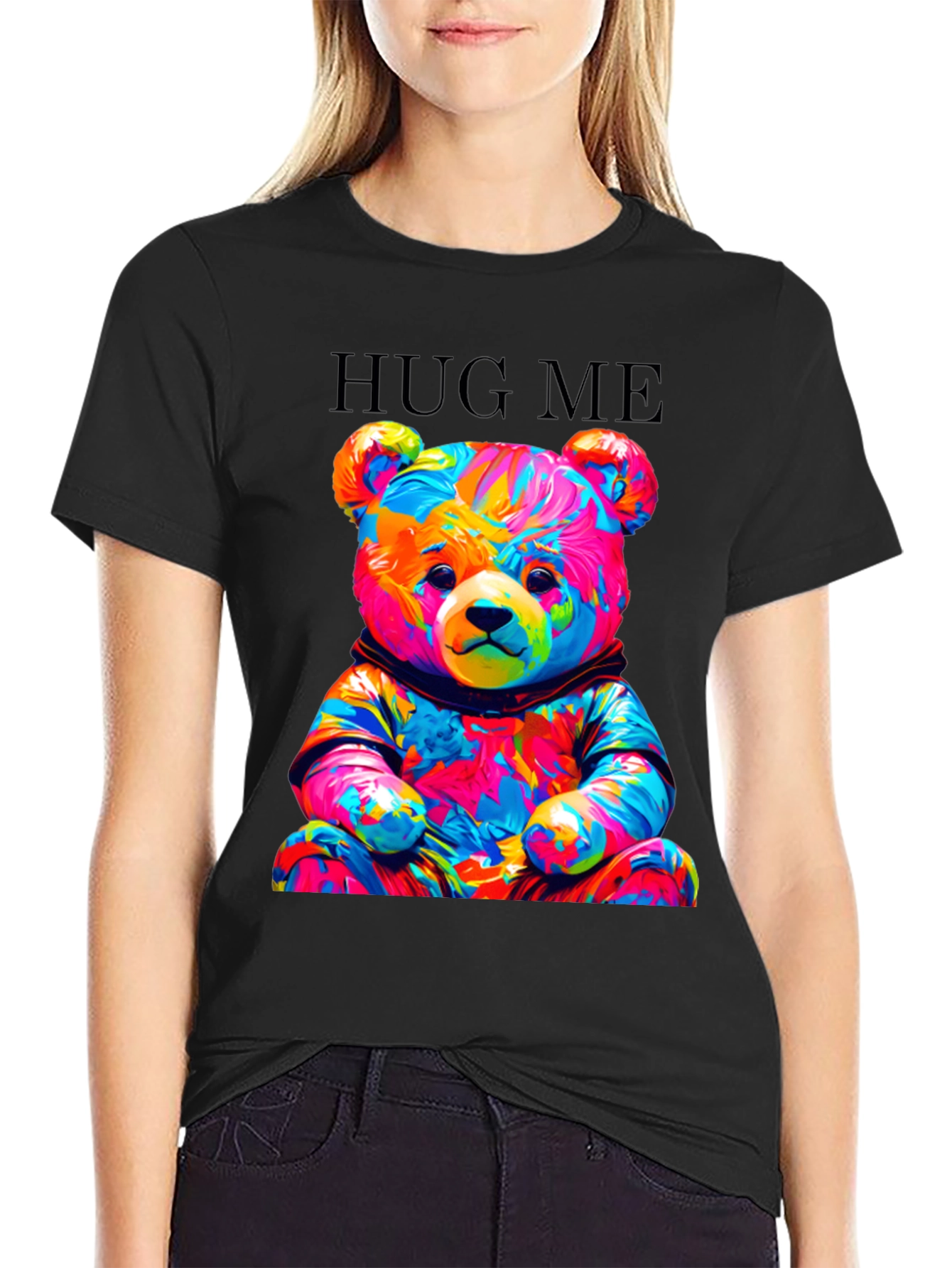 Black Colorful Teddy Bear Hug Me Graphic T-Shirt view 2