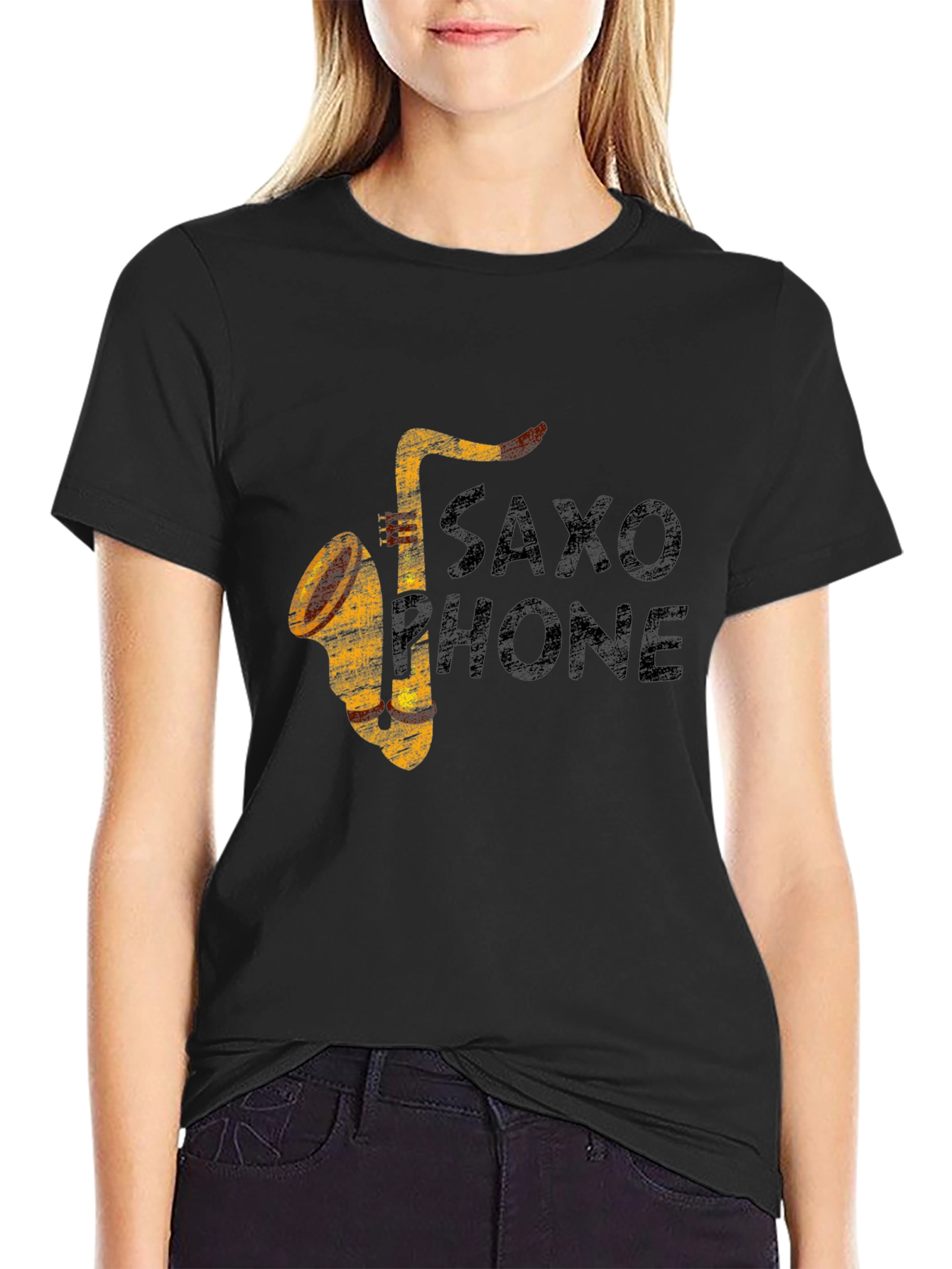 Black Vintage Saxophone Graphic Print Black T-Shirt view 2