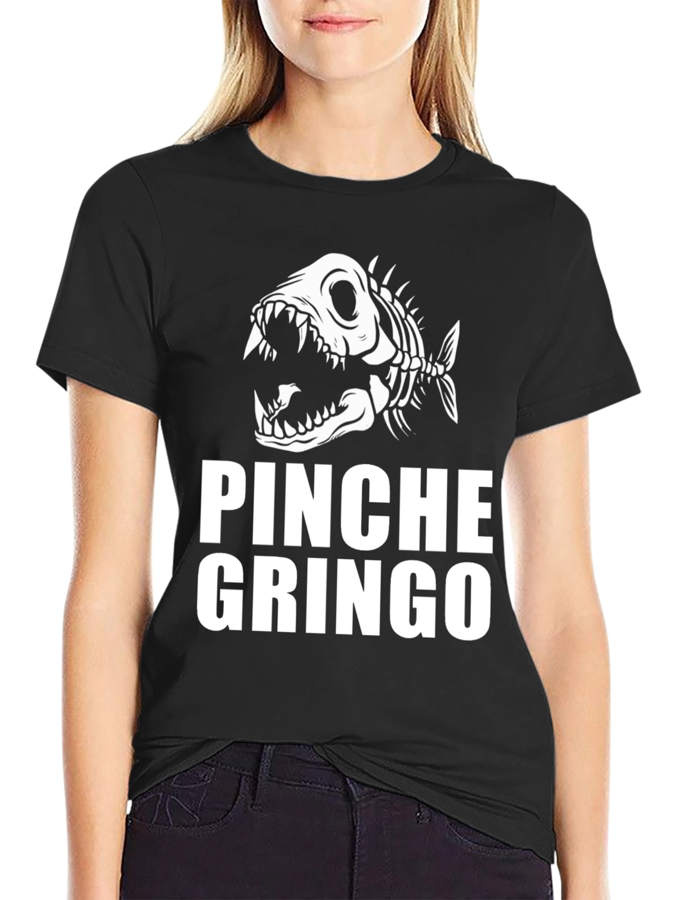 Black Pinche Gringo Skeleton Fish Graphic Tee view 2
