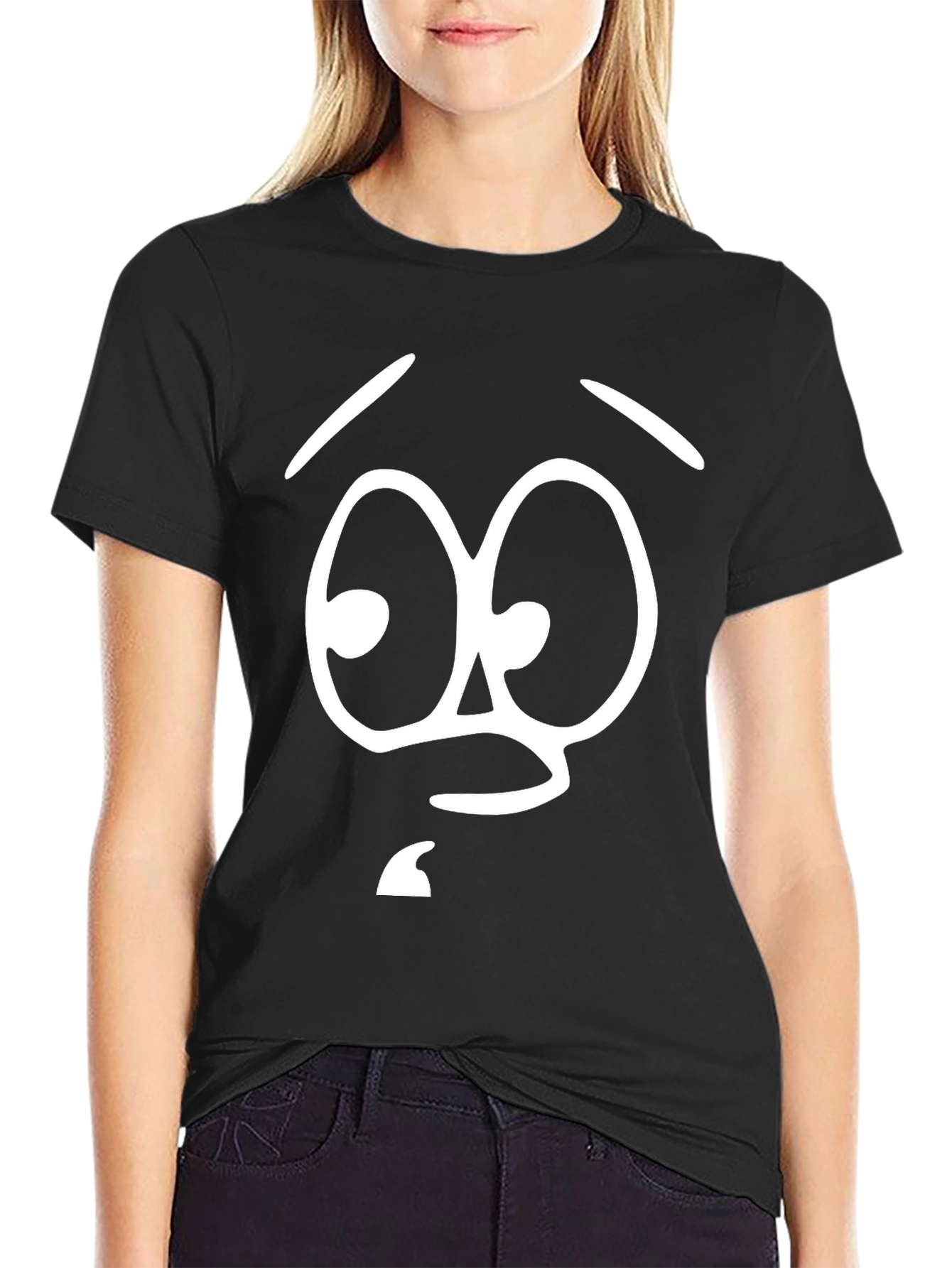 Black Funny Cartoon Face Graphic Tee - Black Cotton T-Shirt view 2