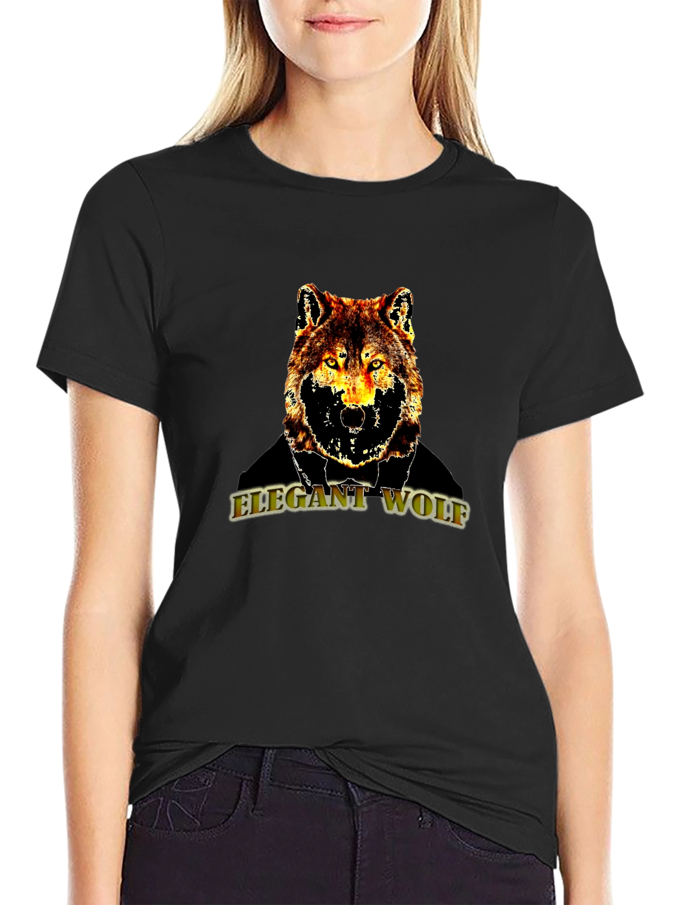 Black Elegant Wolf Graphic T-Shirt - Mens Black Tee view 2