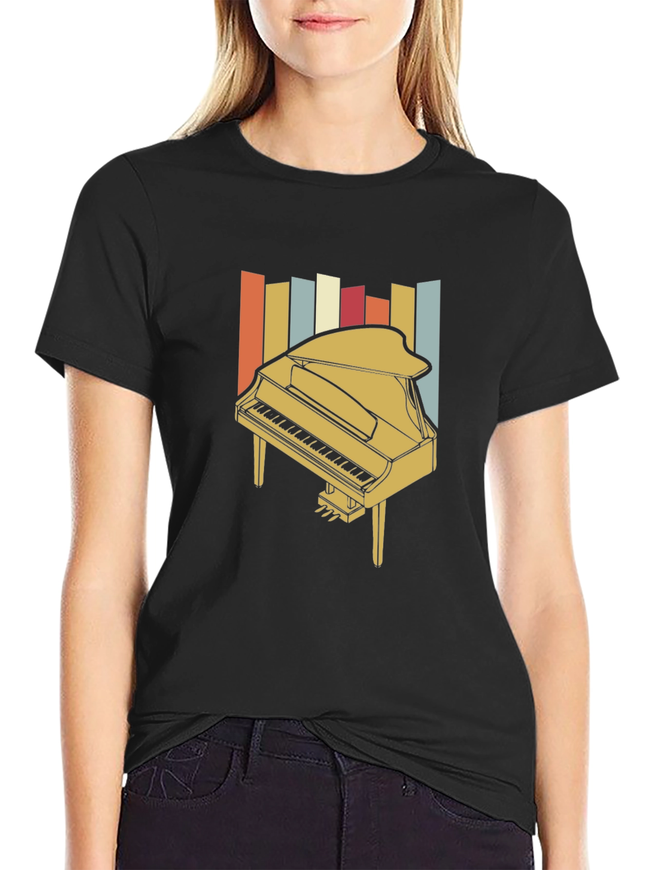 Black Retro Piano Graphic Tee - Vintage Music Lover T-Shirt view 2