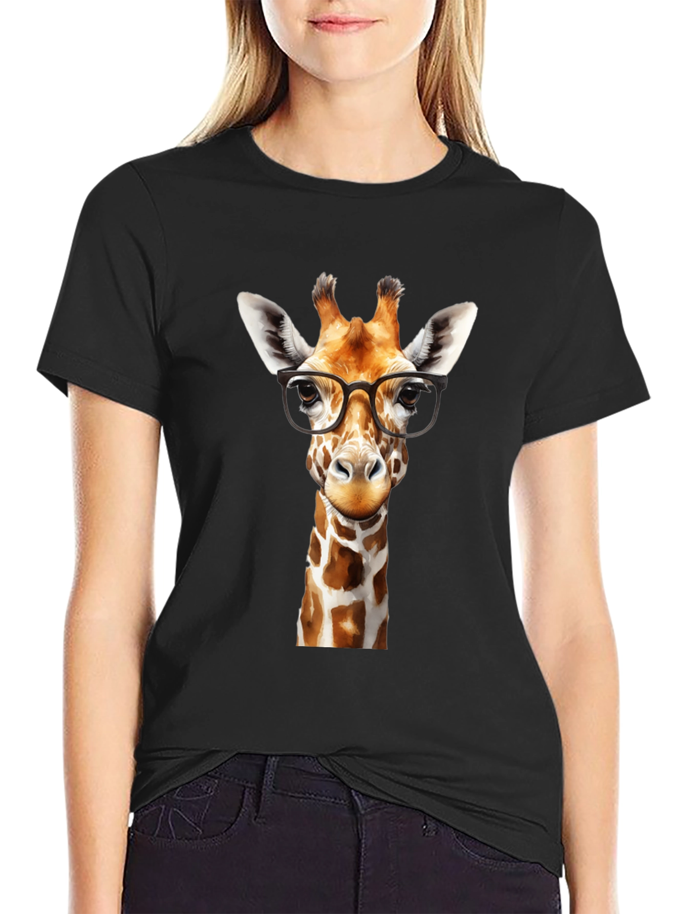 Black Giraffe with Glasses Black Graphic Tee view 2