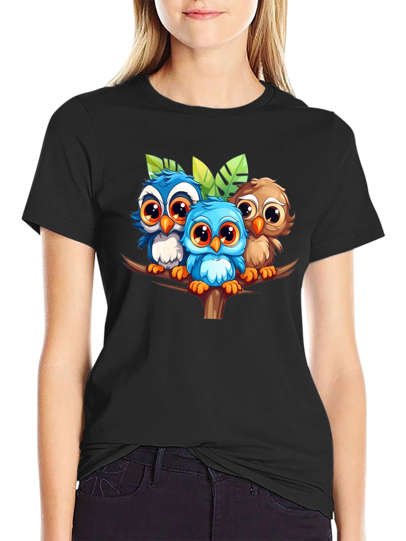 Black Cute Owls Graphic Tee - Black Unisex T-Shirt view 2