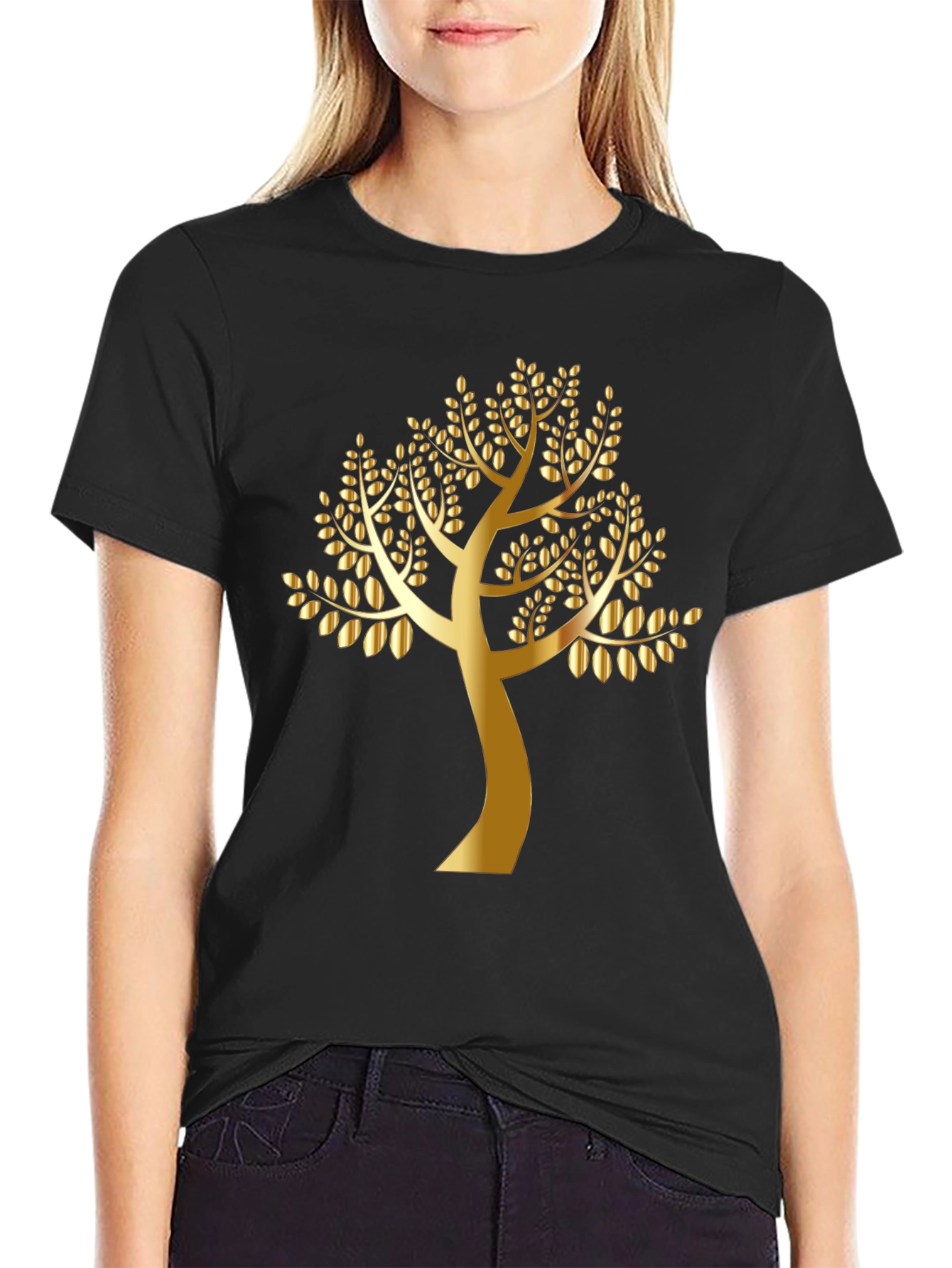 Black Golden Tree Graphic Black T-Shirt view 2