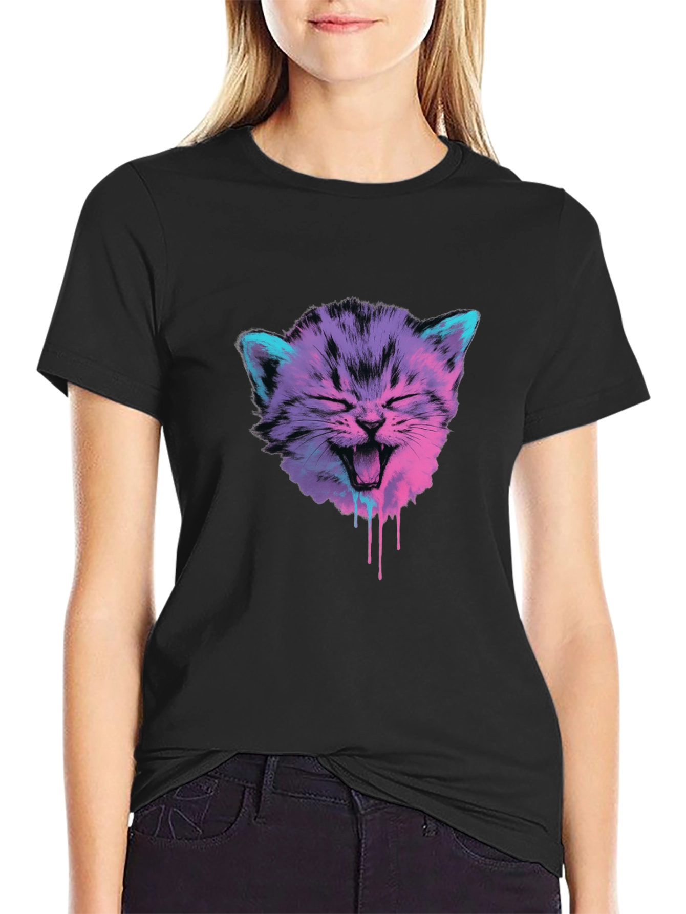 Black Vaporwave Cat Graphic Tee - Black Cotton Blend view 2