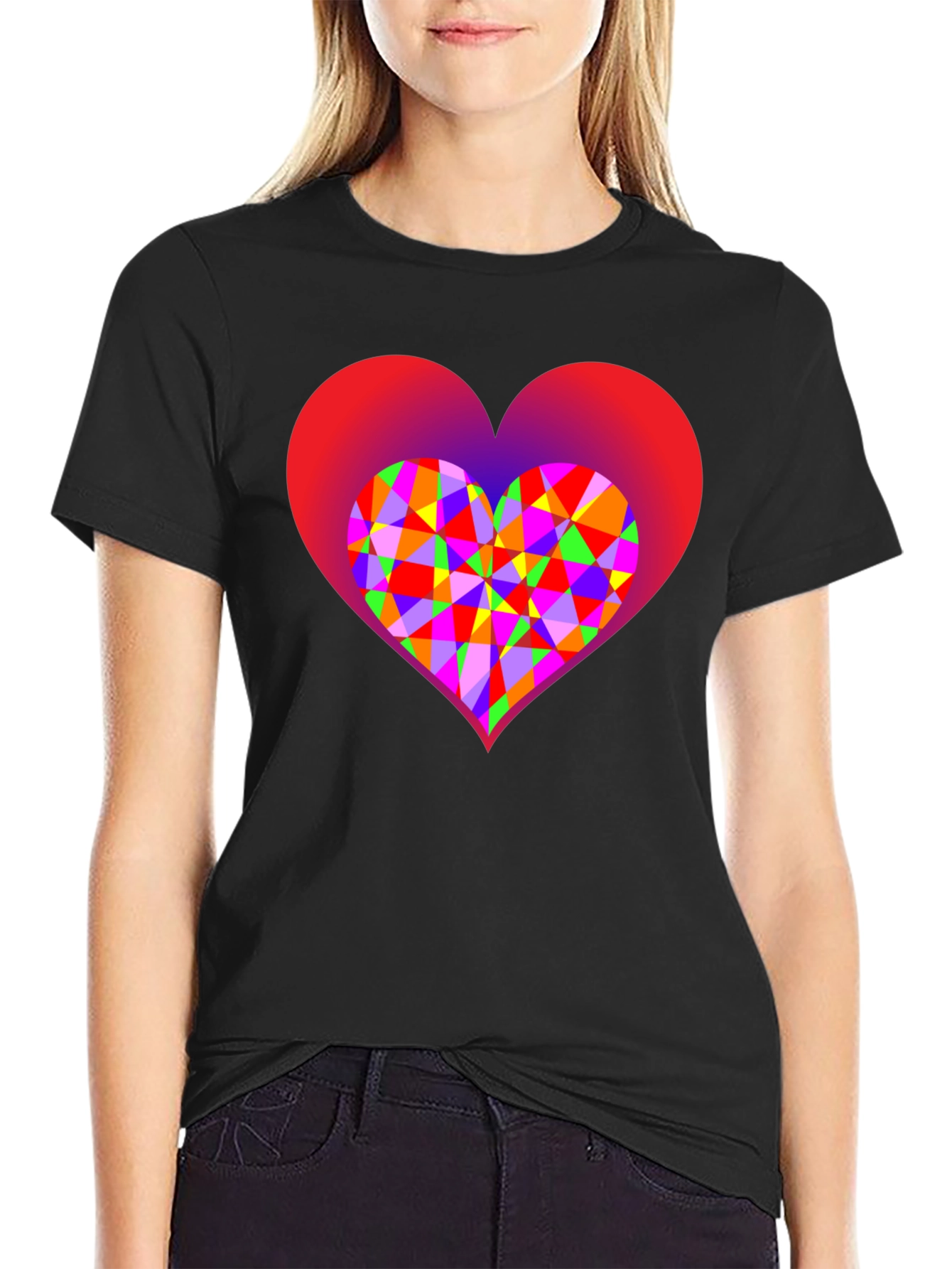 Black Geometric Heart Graphic Black T-Shirt view 2