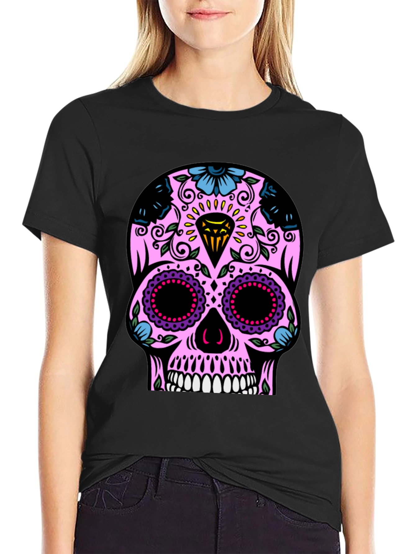 Black Sugar Skull T-Shirt - Black Graphic Tee view 2