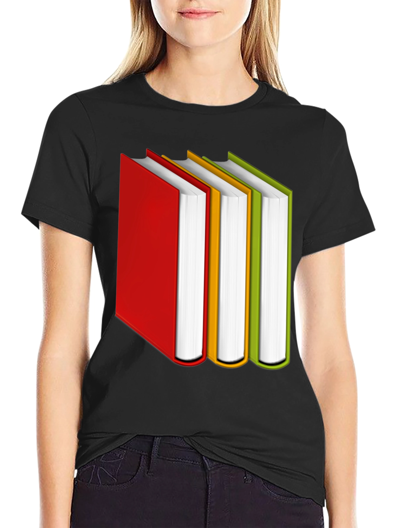 Black Book Lover's Tee: Colorful Book Stack Graphic T-Shirt view 2