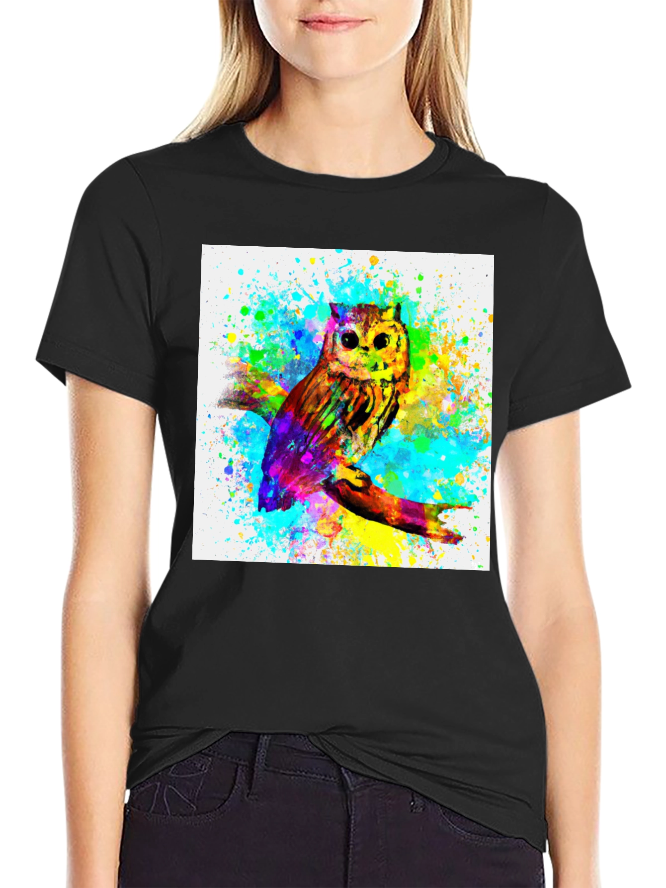Black Watercolor Owl Graphic Black T-Shirt view 2