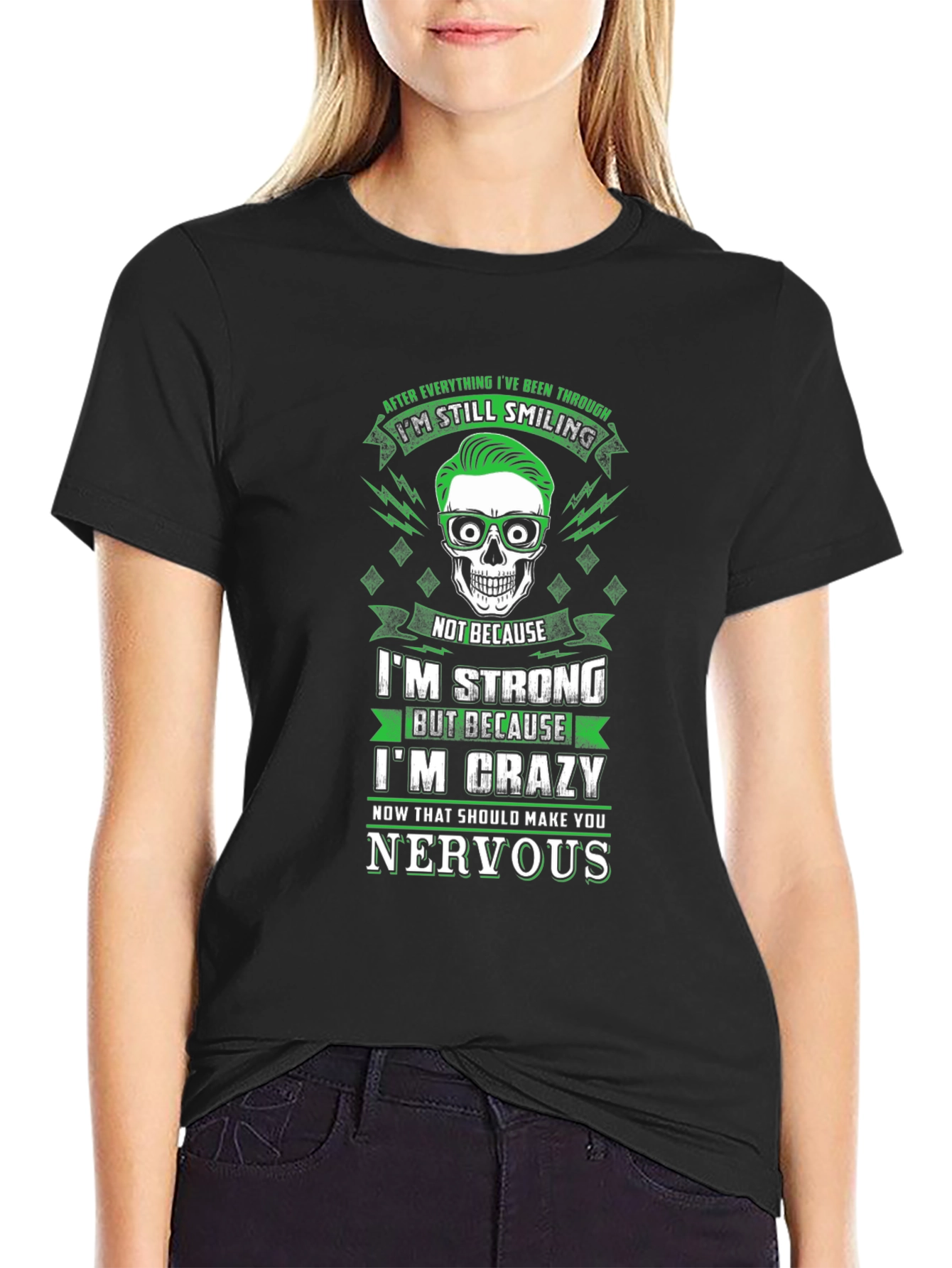 Black I'm Still Smiling Crazy Skull Graphic T-Shirt view 2