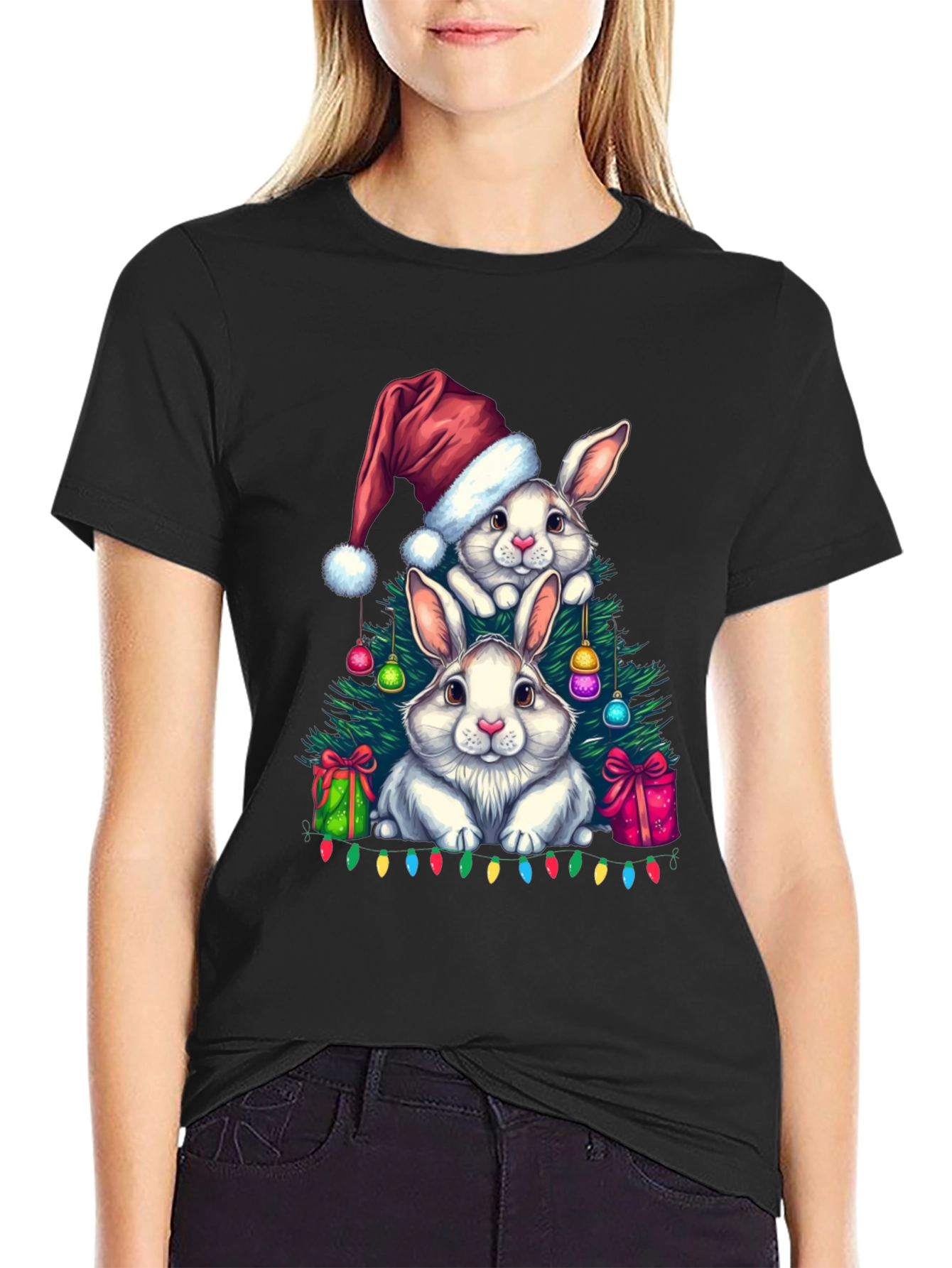 Black Christmas Bunny T-Shirt: Festive Holiday Rabbit Design view 2