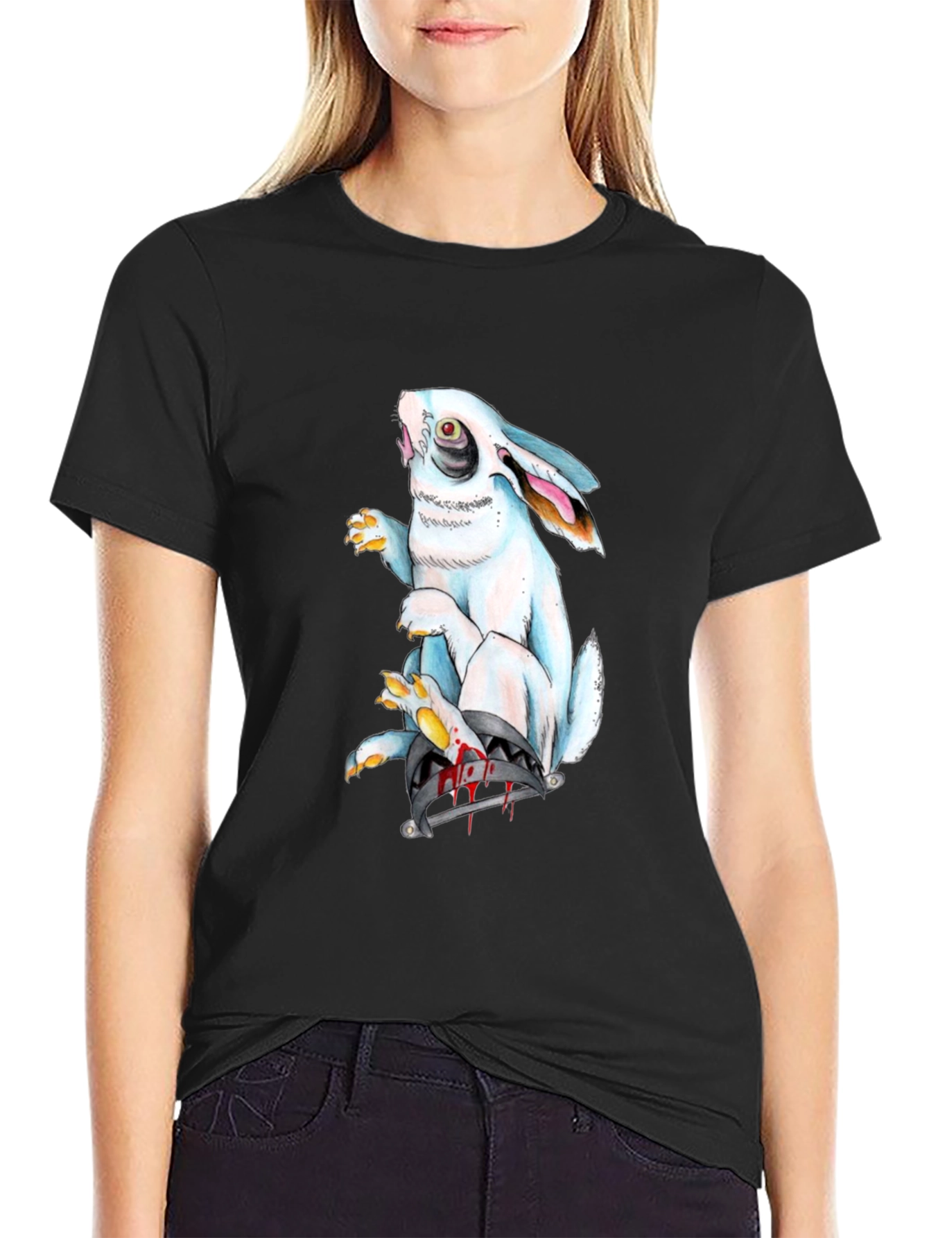 Black Creepy Rabbit Graphic Black T-Shirt view 2