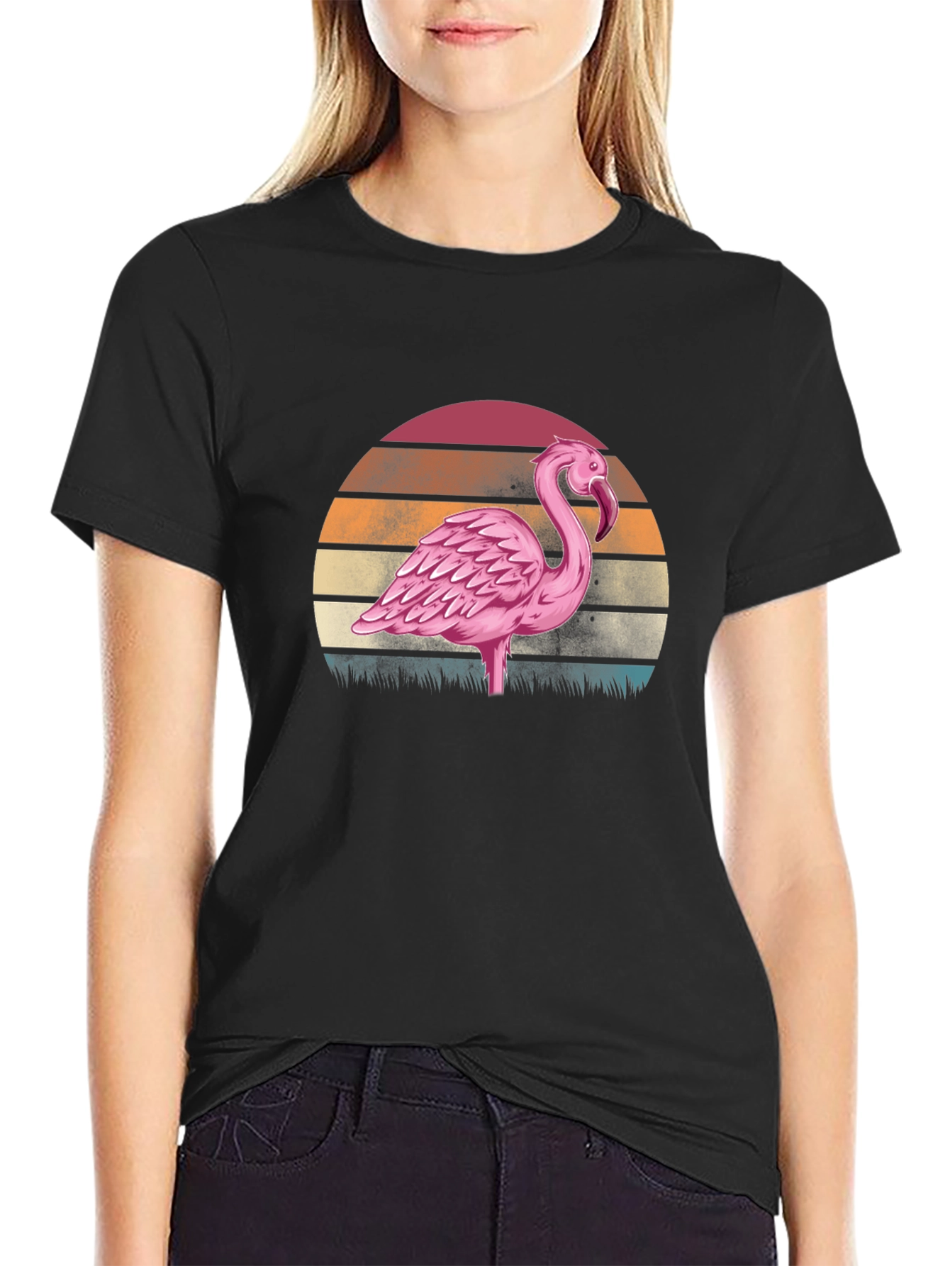 Black Retro Flamingo Sunset T-Shirt - Black view 2