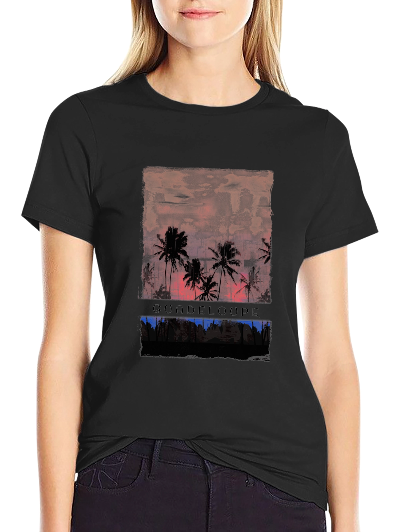 Black Guadeloupe Palm Tree Sunset Men's Graphic T-Shirt view 2