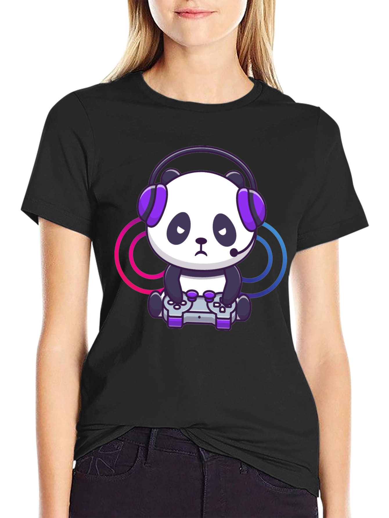 Black Gamer Panda Graphic T-Shirt - Black view 2