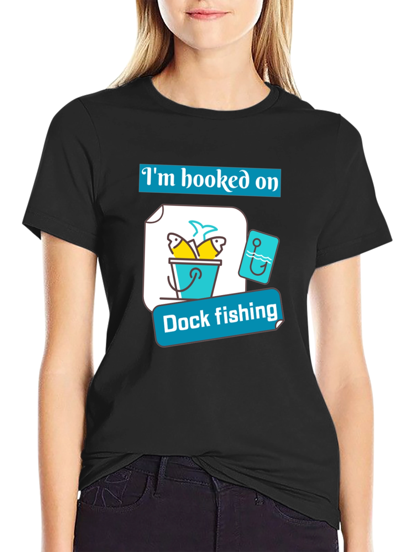 Black Hooked on Dock Fishing T-Shirt - Fisherman Gift view 2