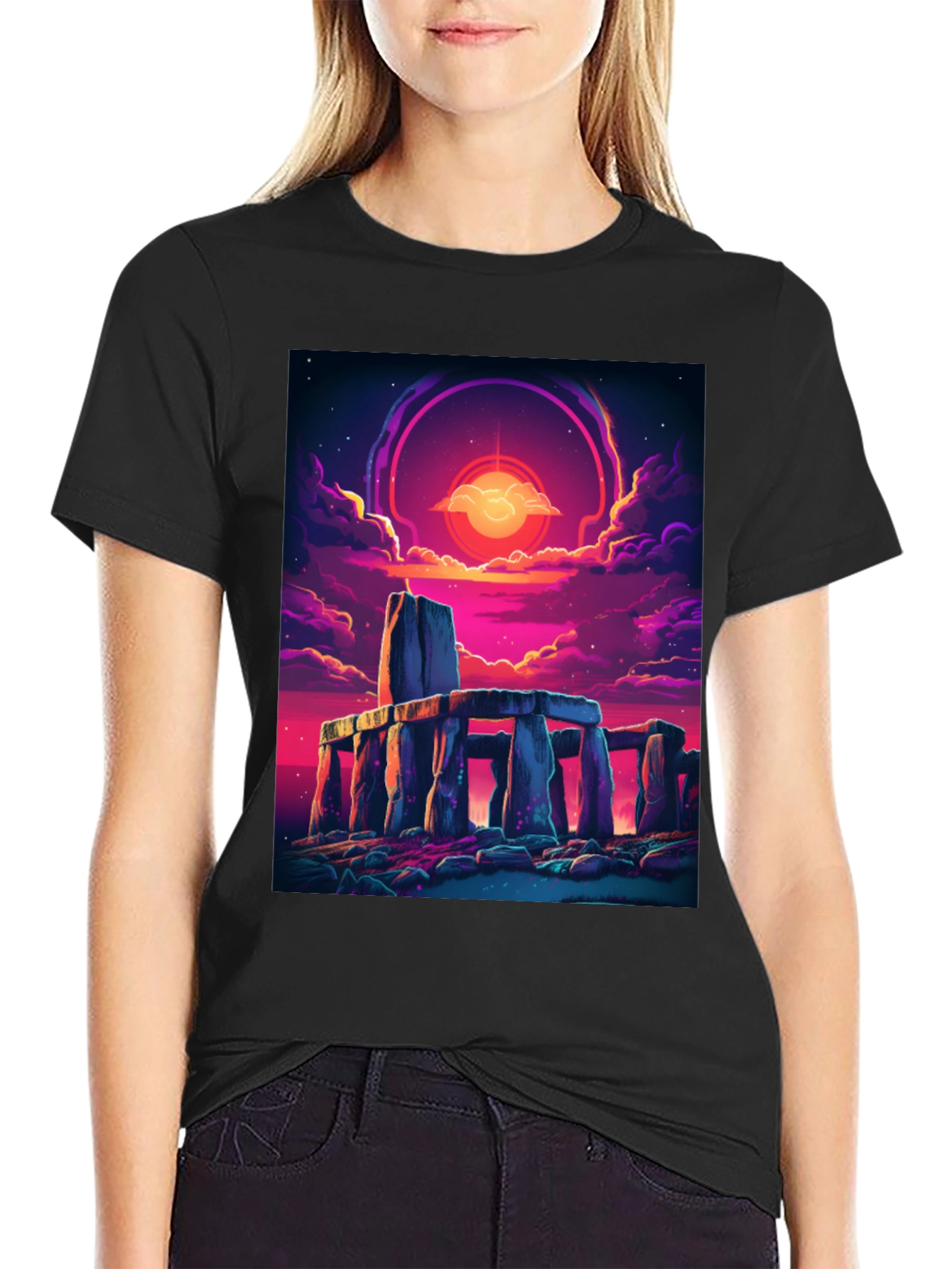 Black Stonehenge Sunset Graphic Tee - Black Cotton Blend view 2
