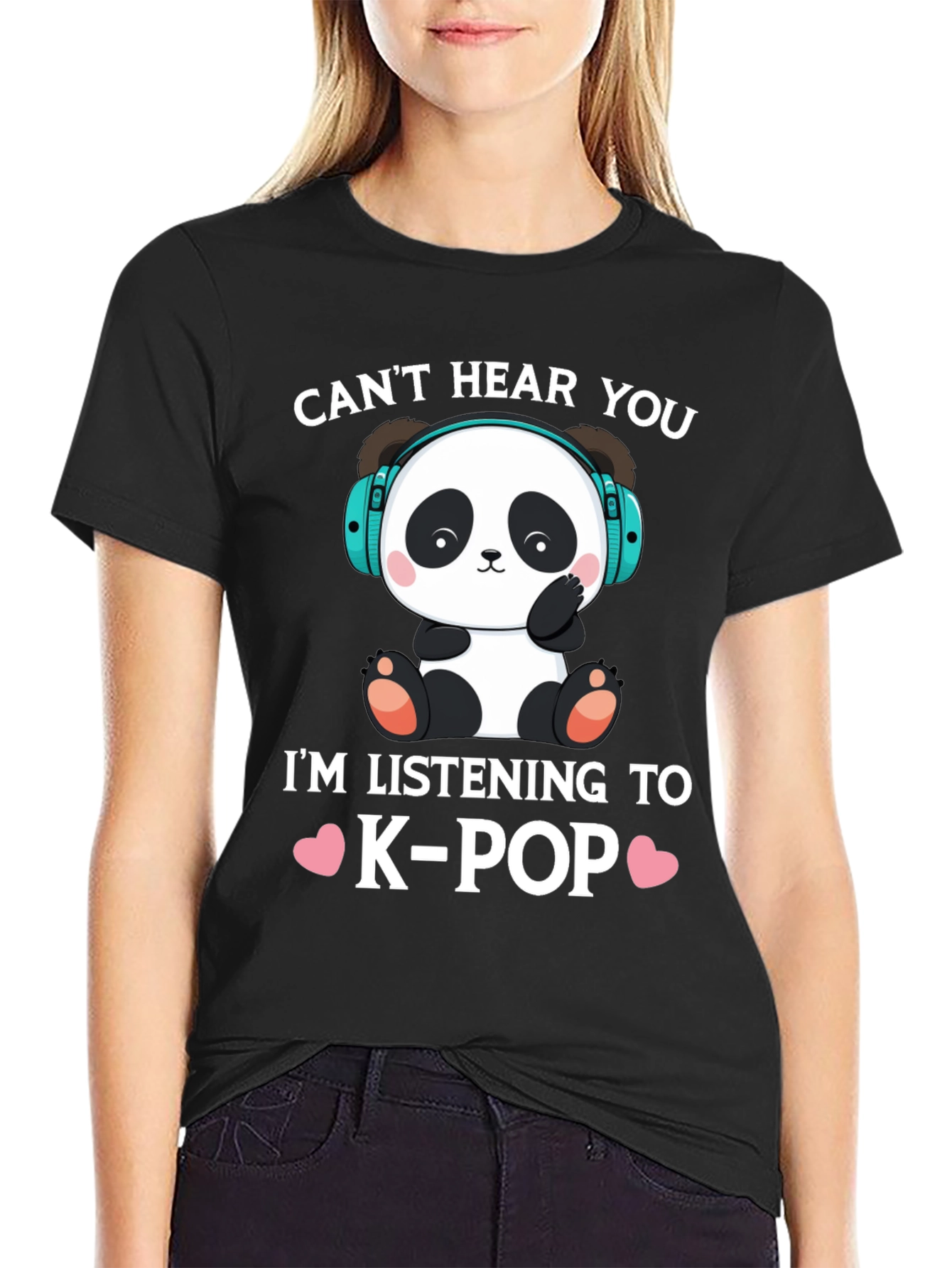 Black Cute K-Pop Panda Graphic Tee view 2