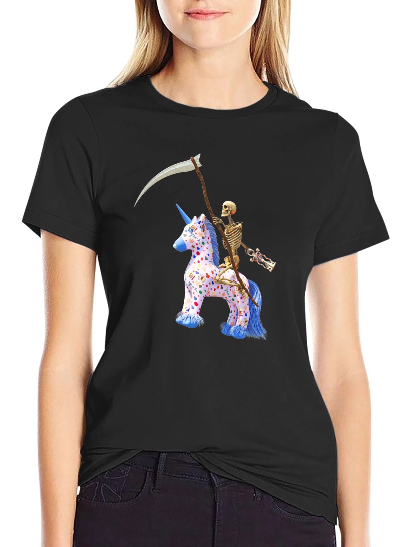 Black Skeleton Riding Unicorn T-Shirt view 2