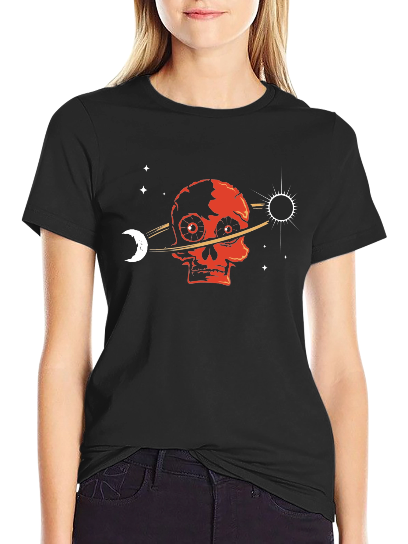Black Skull Planet T-Shirt - Gothic Space Design view 2