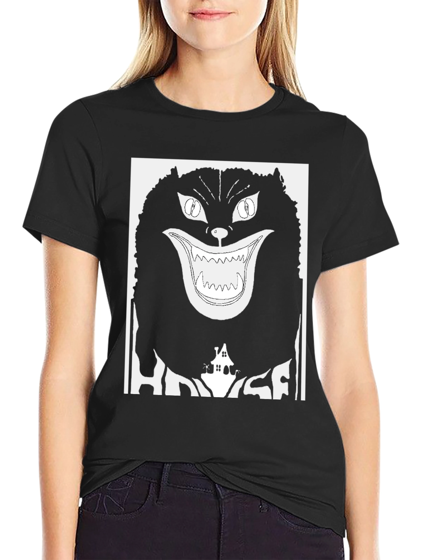 Black Creepy Cat Graphic Tee - Black Cotton view 2