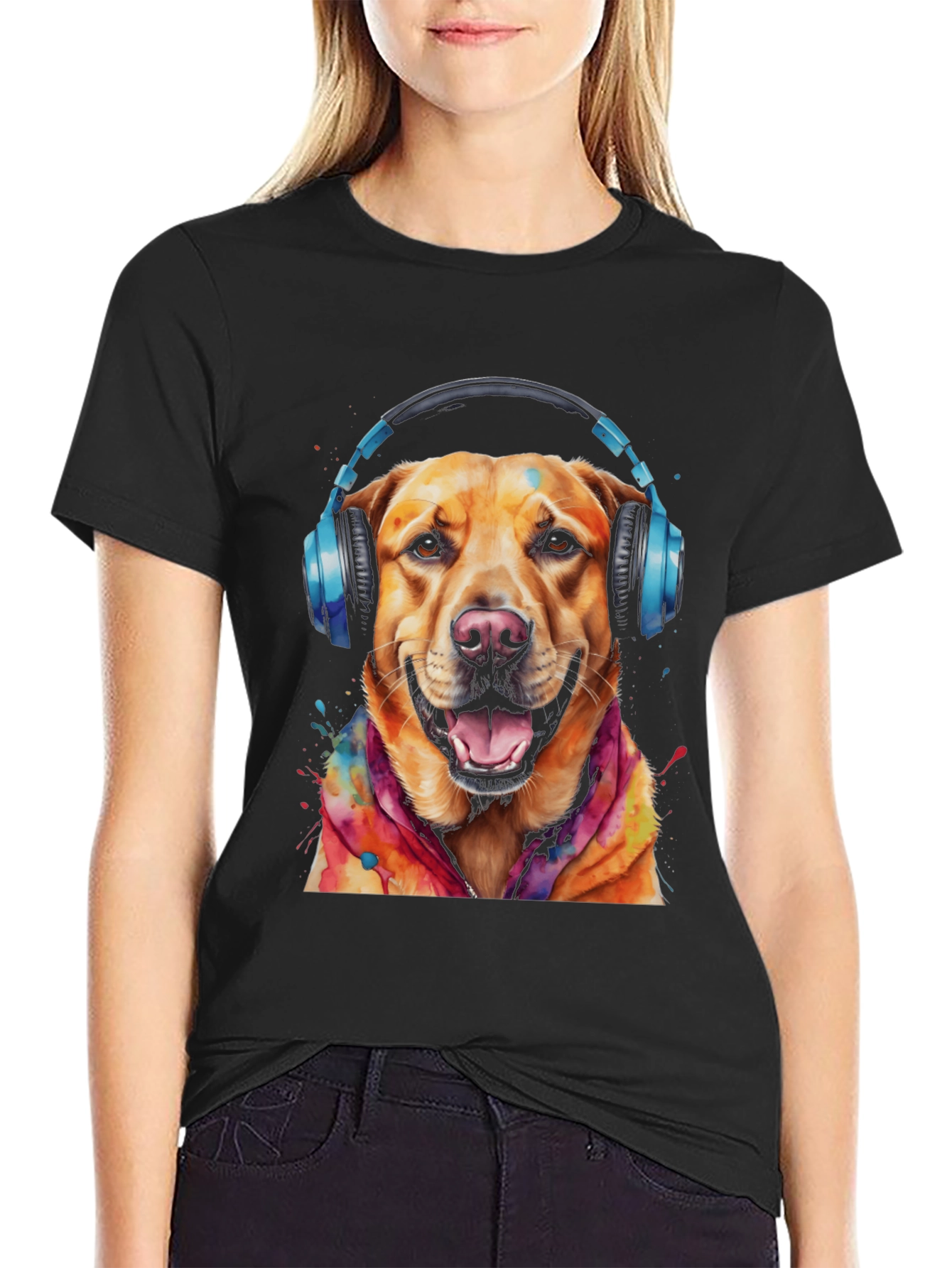 Black Dog with Headphones Graphic Tee view 2