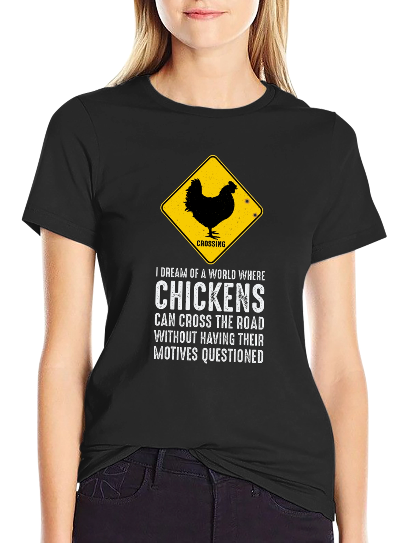 Black Chicken Crossing Graphic Tee - Funny Novelty T-Shirt view 2