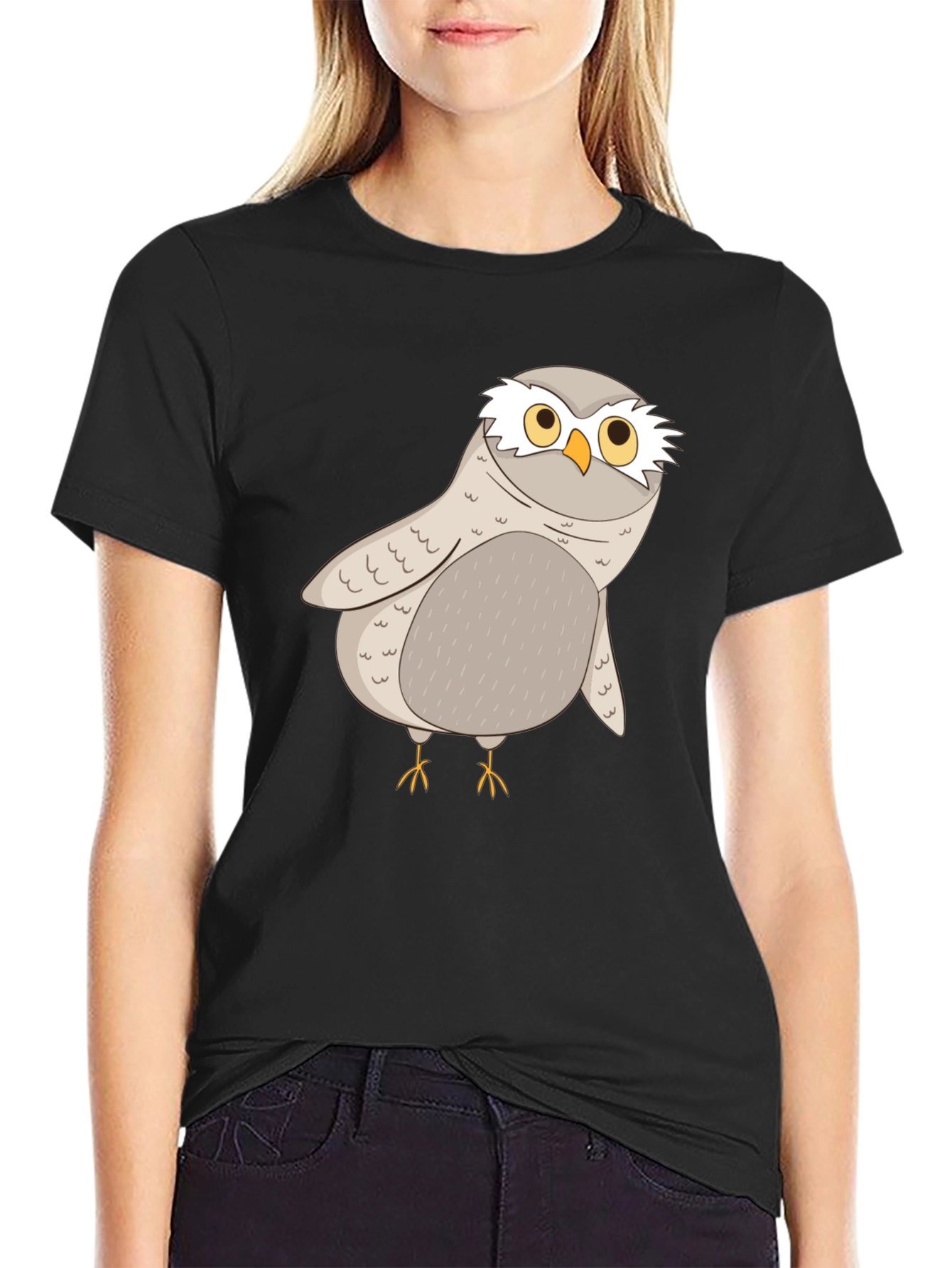 Black Cute Owl Graphic Tee - Black Cotton T-Shirt view 2