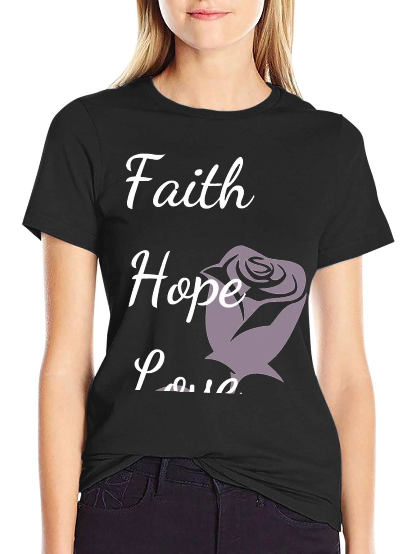Black Faith Hope Love T-Shirt Rose Design view 2