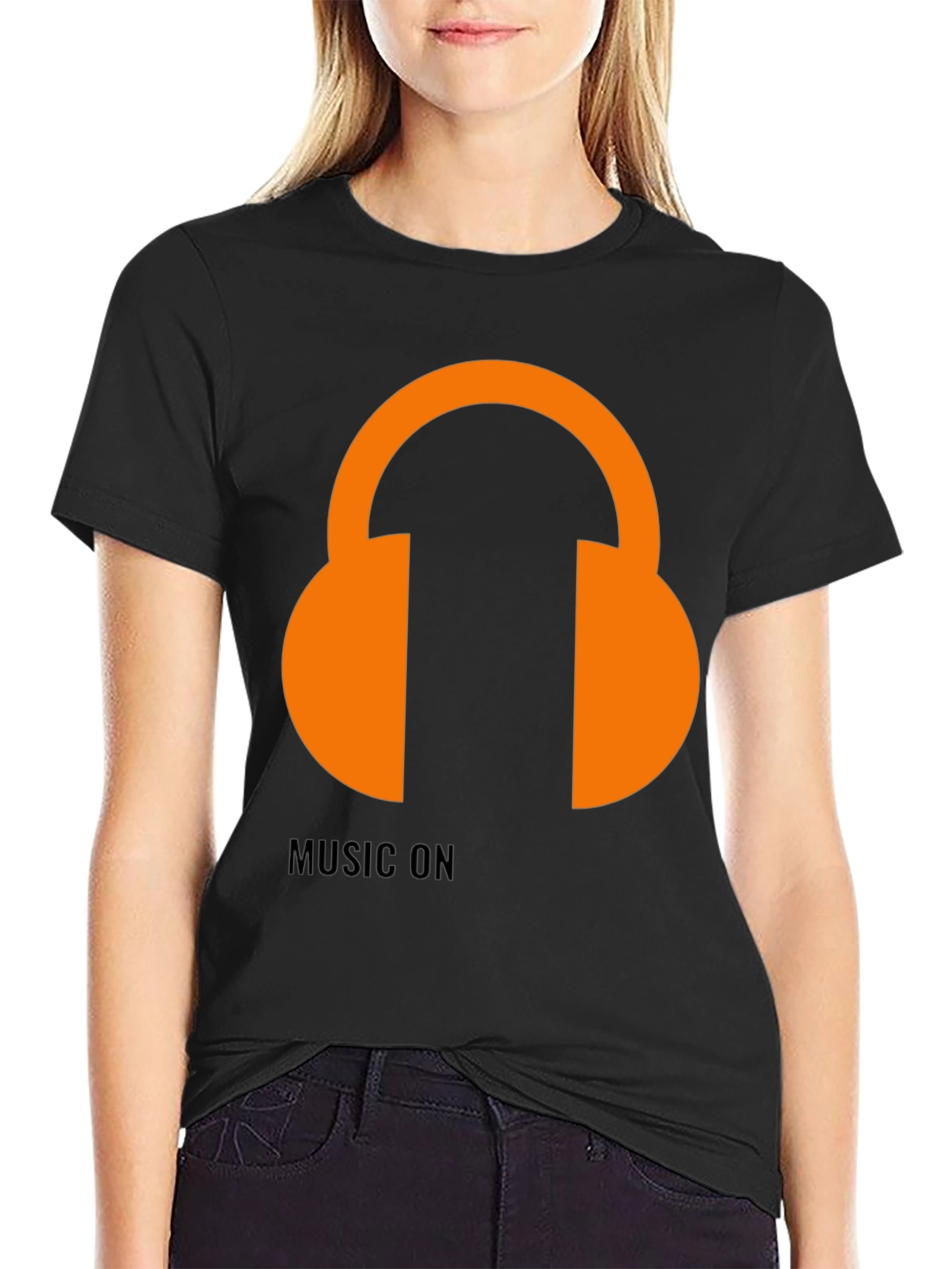 Black Music On T-Shirt: Orange Headphones Graphic Tee view 2