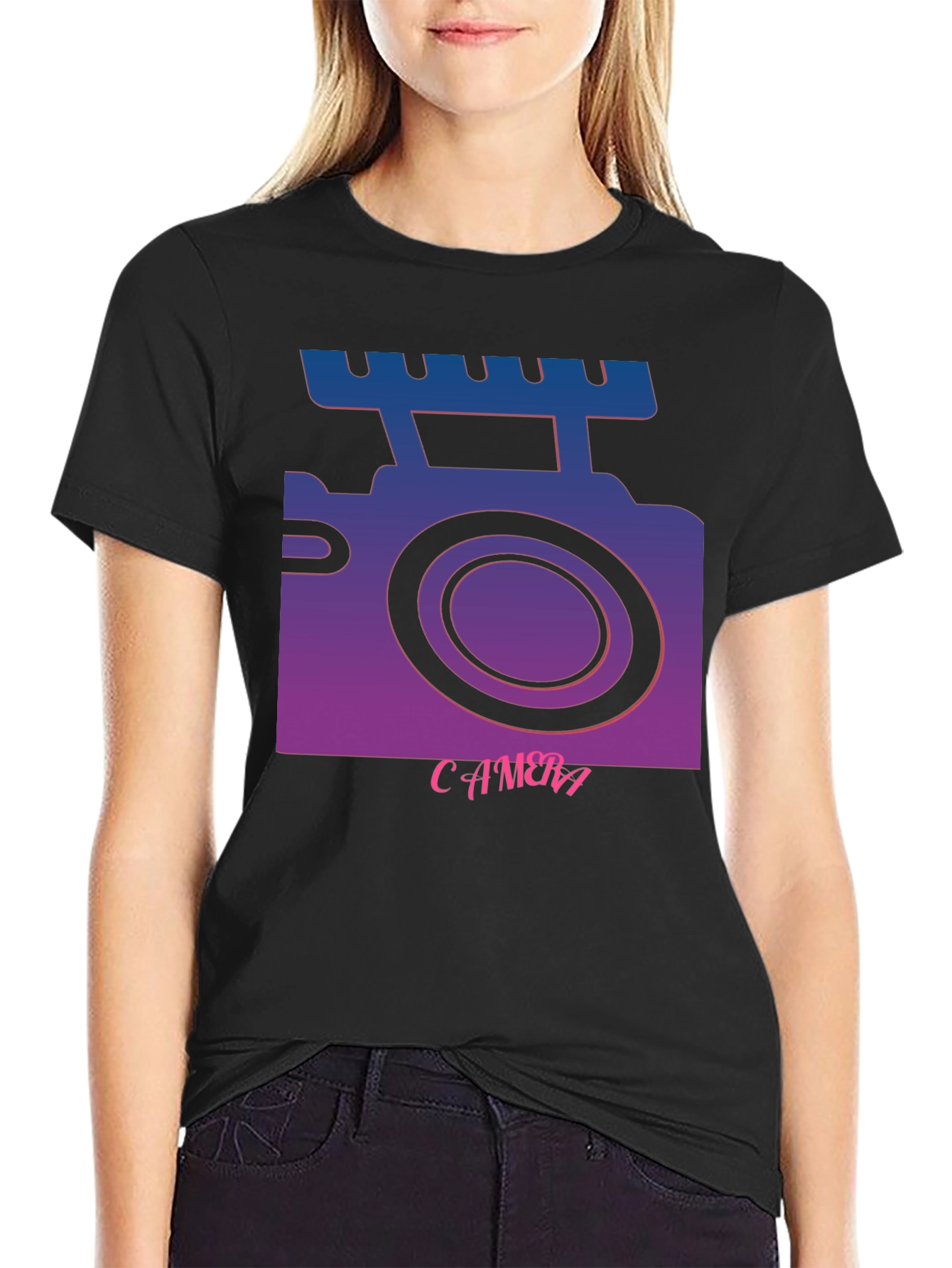 Black Retro Camera T-Shirt - Gradient Graphic Tee view 2