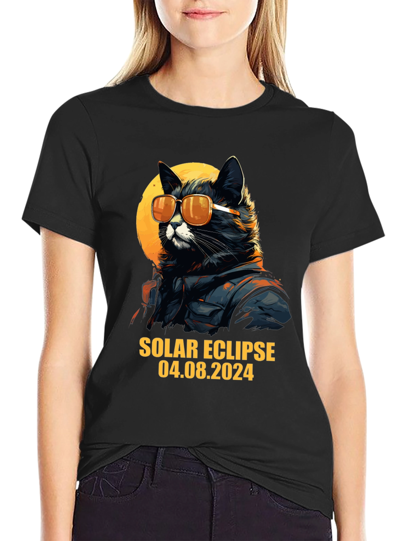 Black Solar Eclipse 2024 Cat T-Shirt view 2