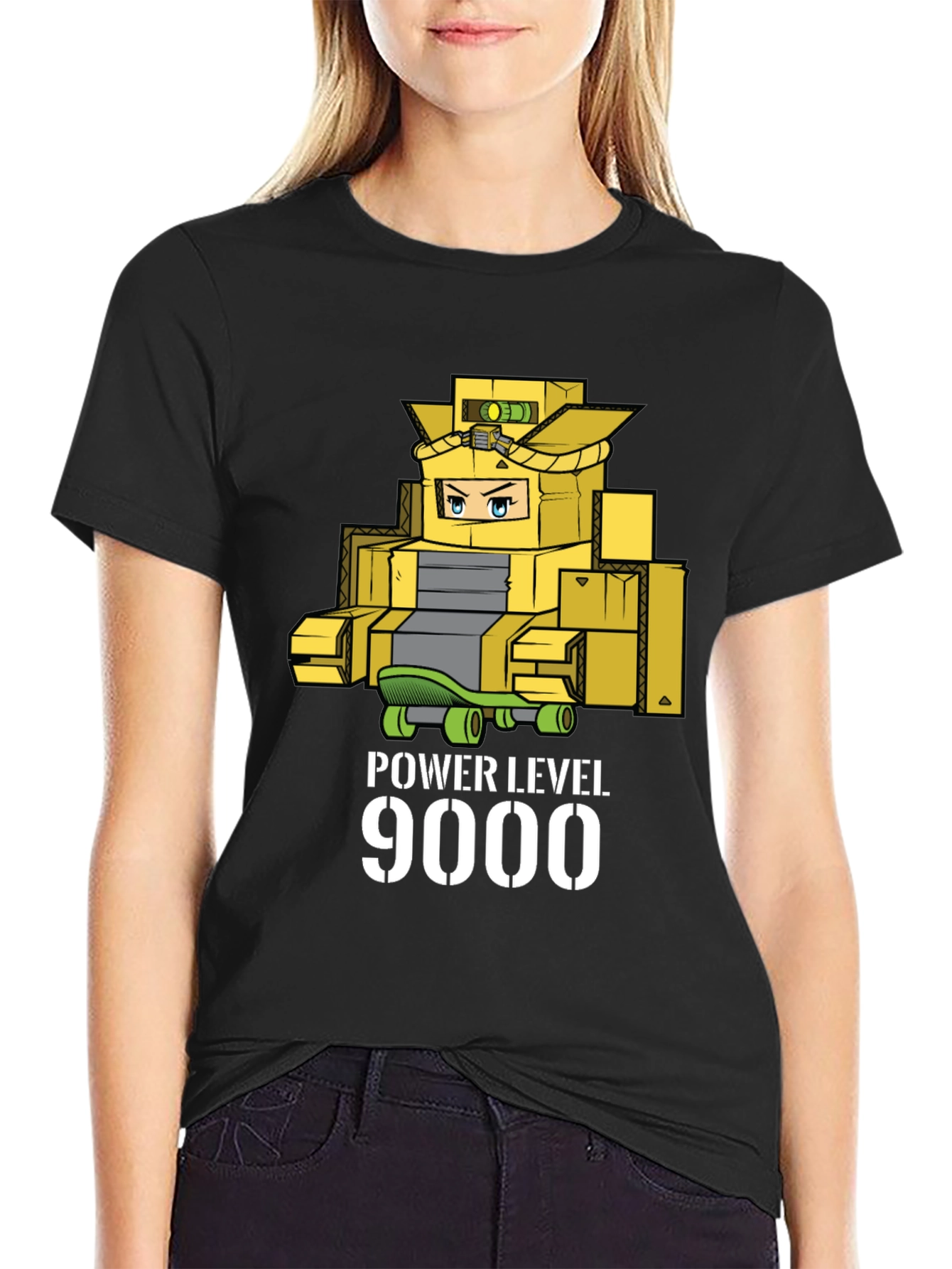 Black Power Level 9000 Cardboard Robot T-Shirt view 2