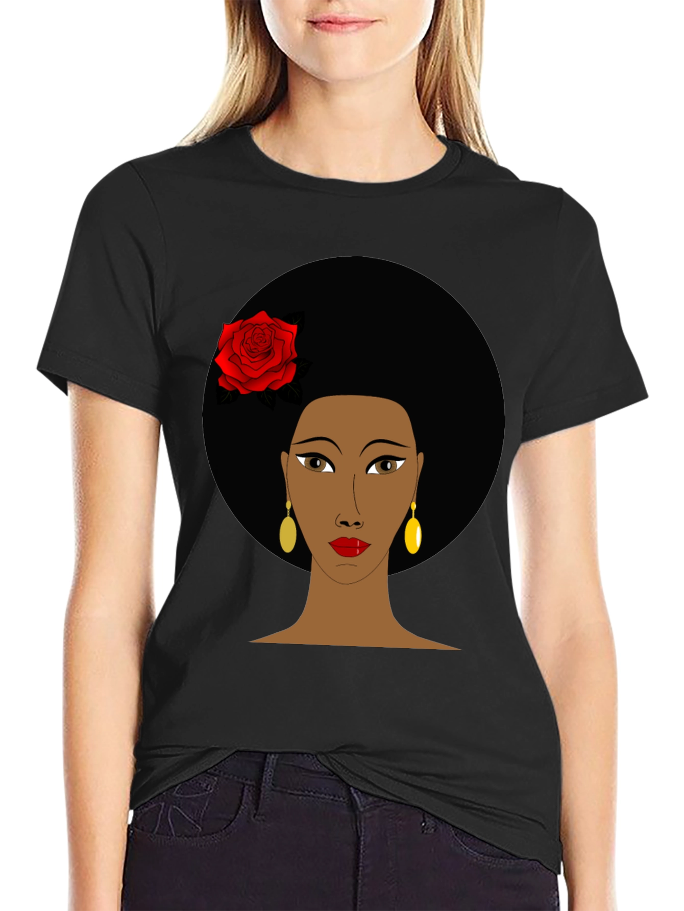 Black Afro Woman Rose Graphic Tee - Stylish Black T-Shirt view 2