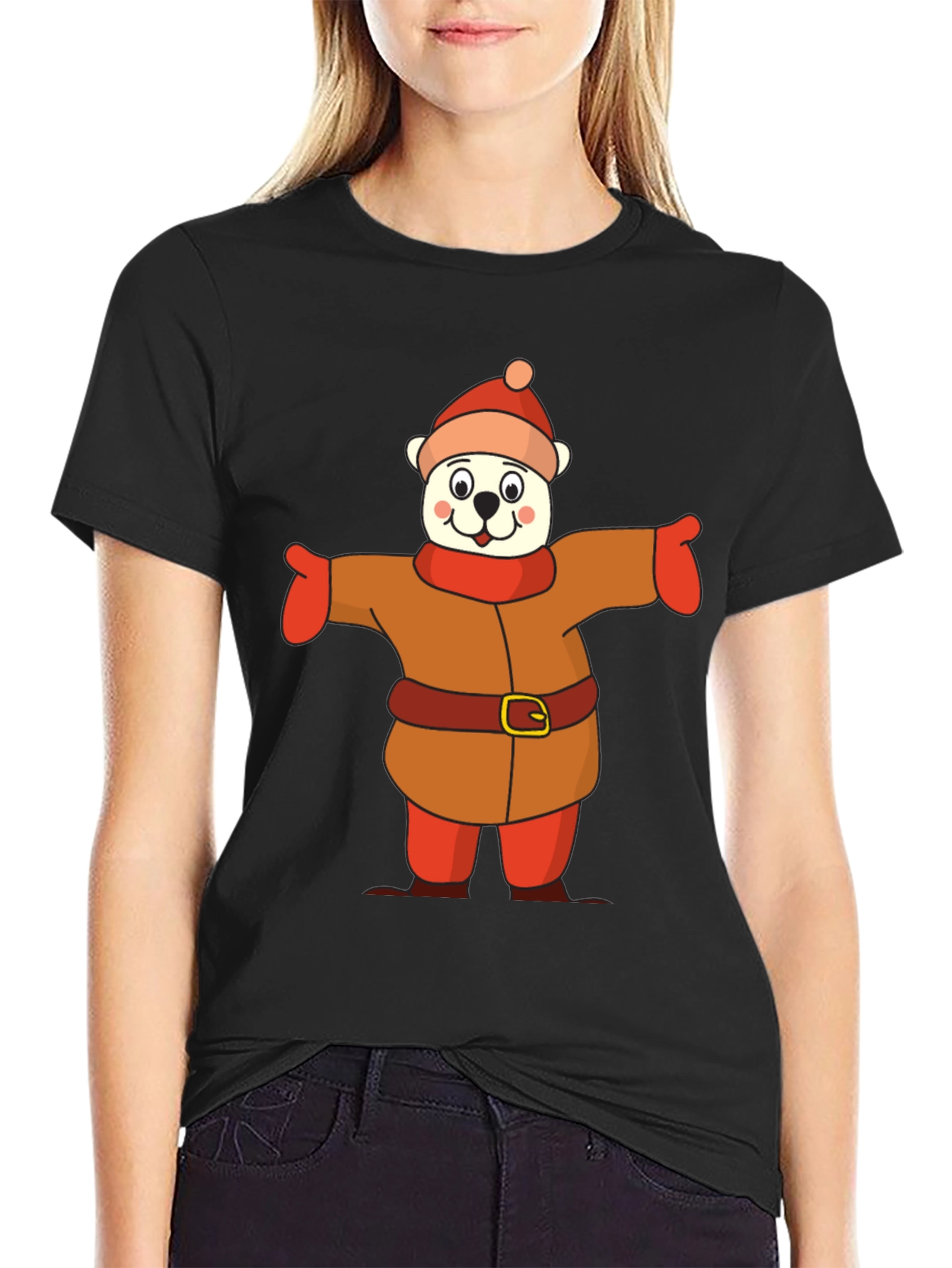 Black Cartoon Bear in Winter Outfit T-Shirt view 2