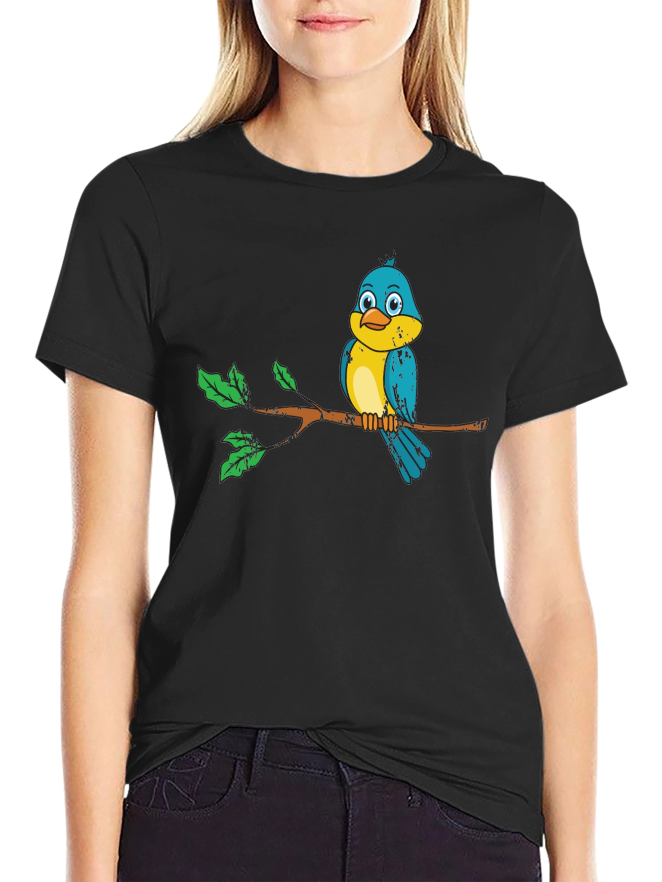 Black Cute Bird on Branch Graphic Tee - Unisex Black T-Shirt view 2
