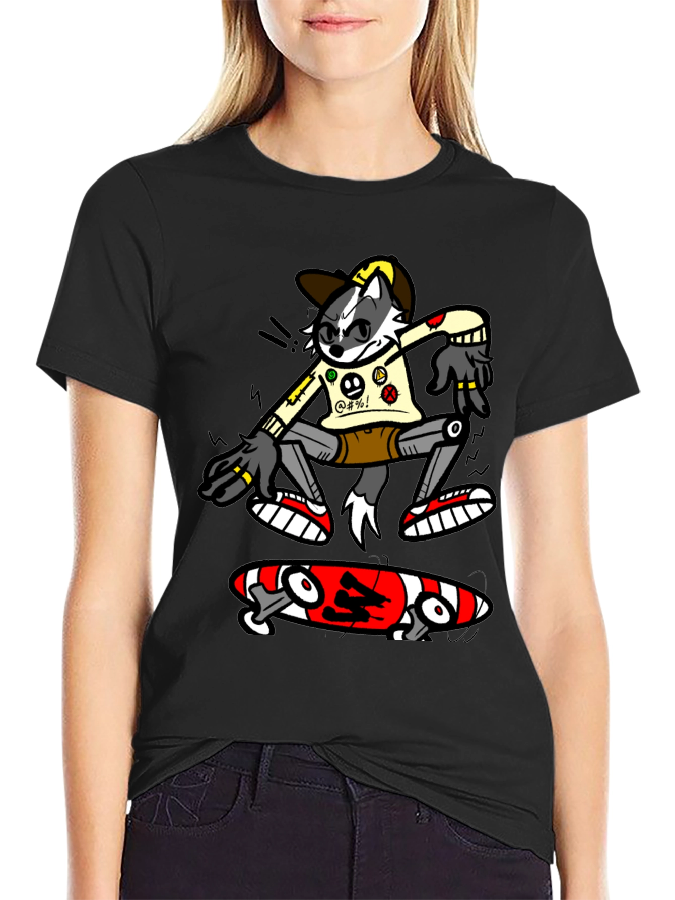 Black Cool Cartoon Skater Graphic Tee - Black Cotton T-Shirt view 2