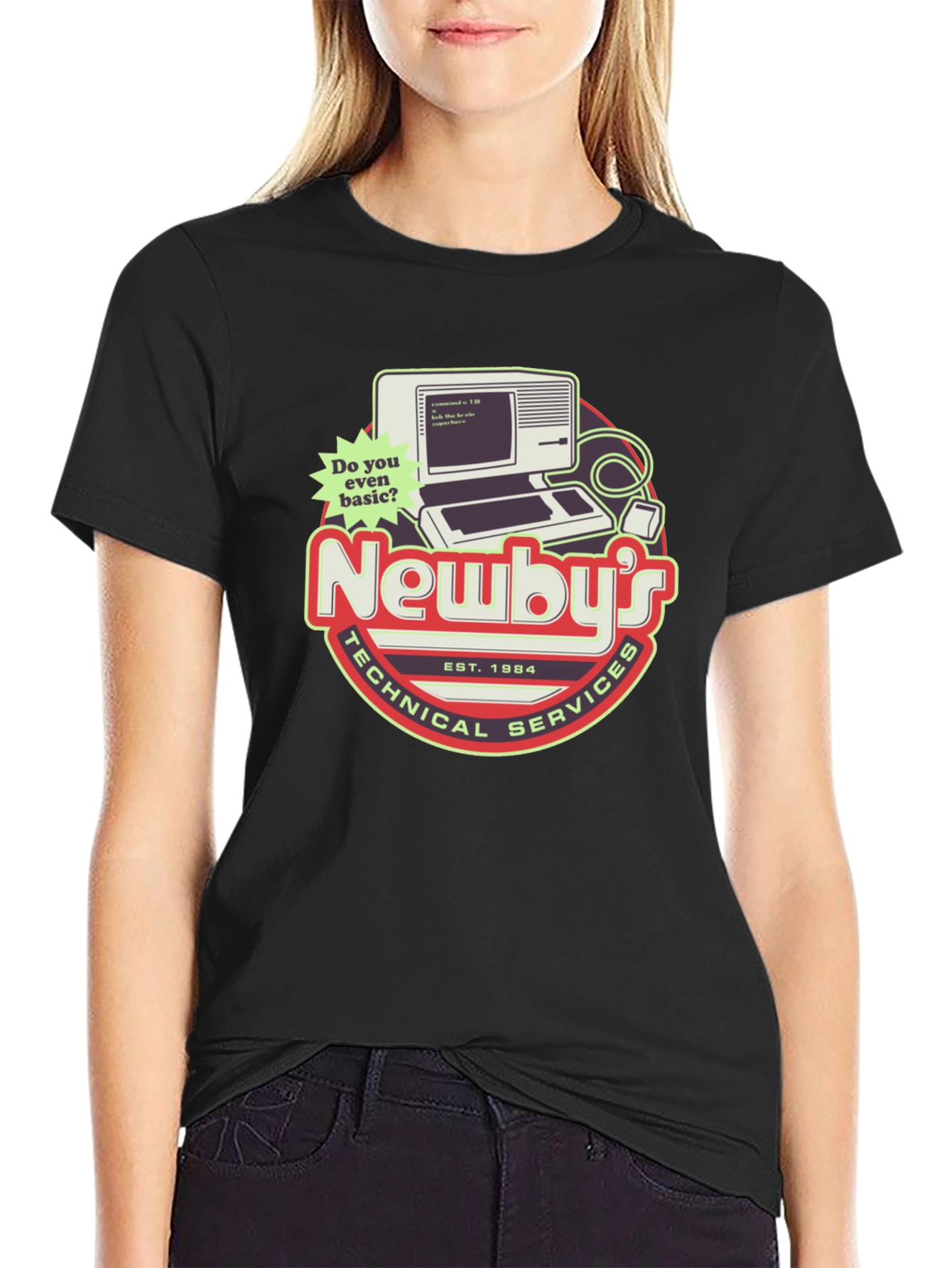 Black Newby's Technical Services Retro Computer Graphic T-Shirt view 2